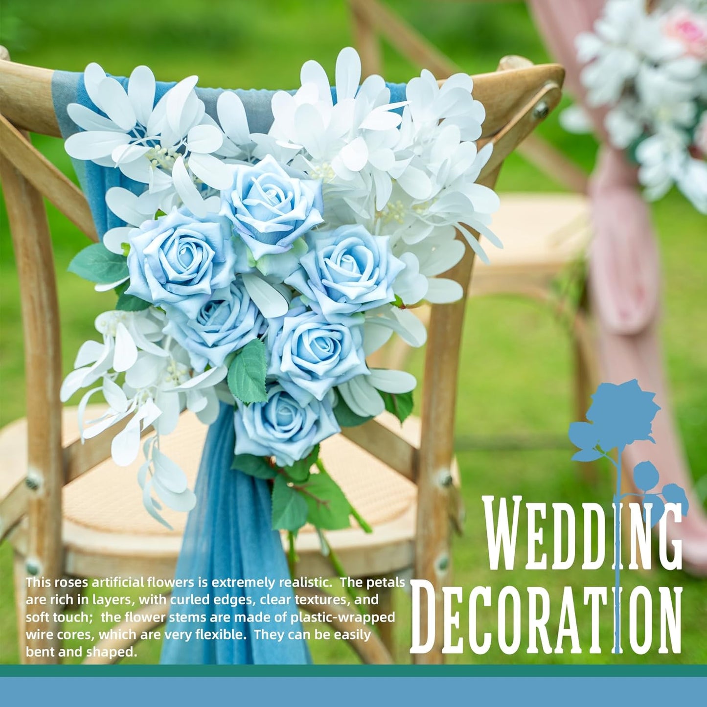 Fake Roses Faux Flowers Silk Roses 12PCS Artificial Roses with Stems Realistic Artificial Flowers Suitable for Indoor Home Decoration Diy Bouquet Wedding Decor Party Decoration (Blue)16.5“