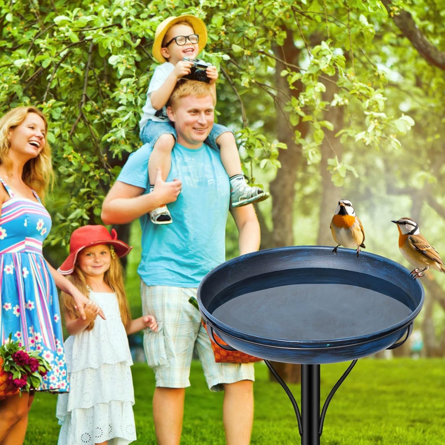 Metal Bird Bath for Outside, Vintage Freestanding Birdbaths with Metal Stake, Upgraded 5 Pronged Base Birdfeeder Feeder Bowl for Outdoors Garden Patio Yard Lawn Decor (Vintage Blue)