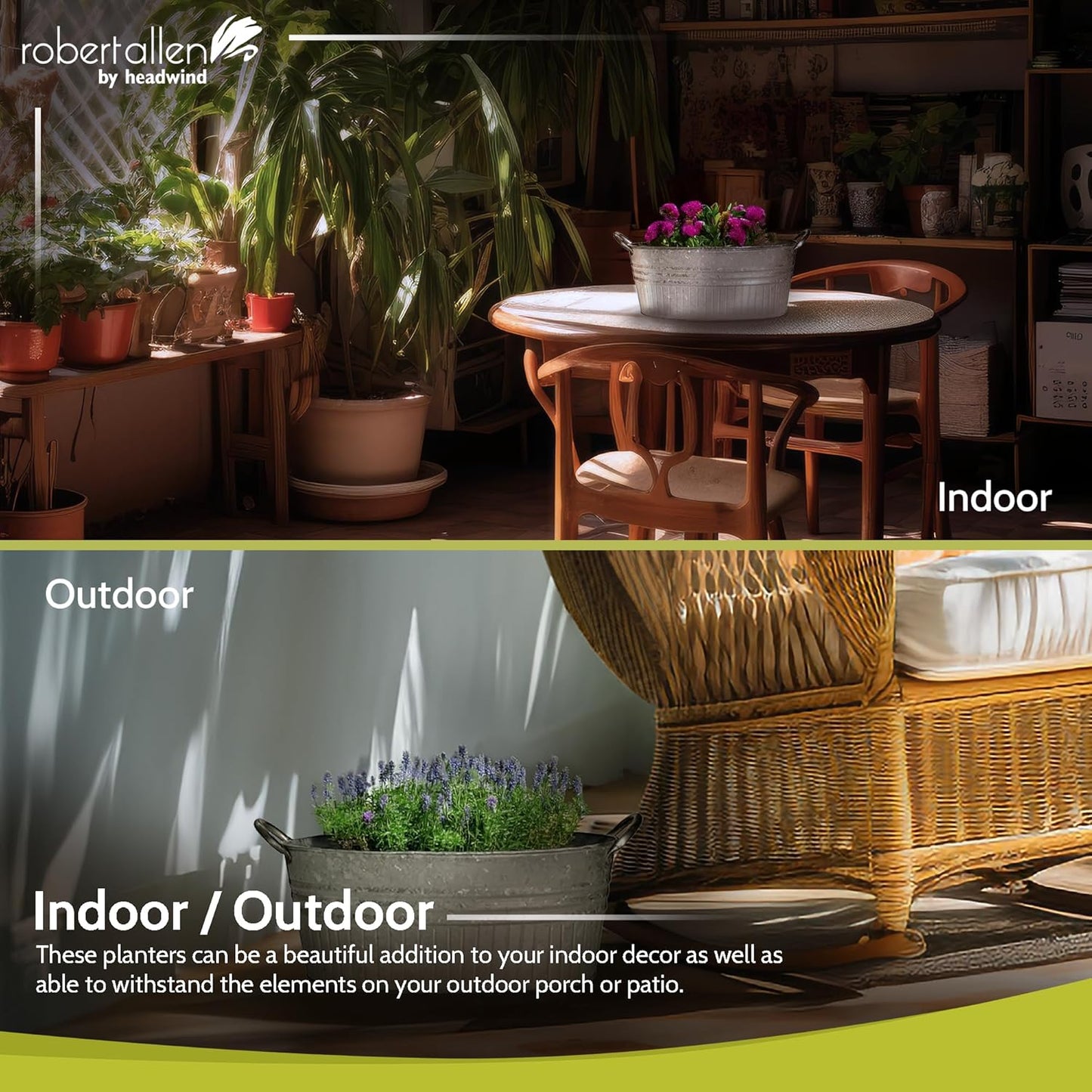 Headwind Oval Galvanized Tubs Planter with Handles – 12 Inch Lightweight Steel Indoor Oval Plant Pot with Drainage Holes – Large Galvanized Tub Flower Bucket – Outdoor Planter by Robert Allen