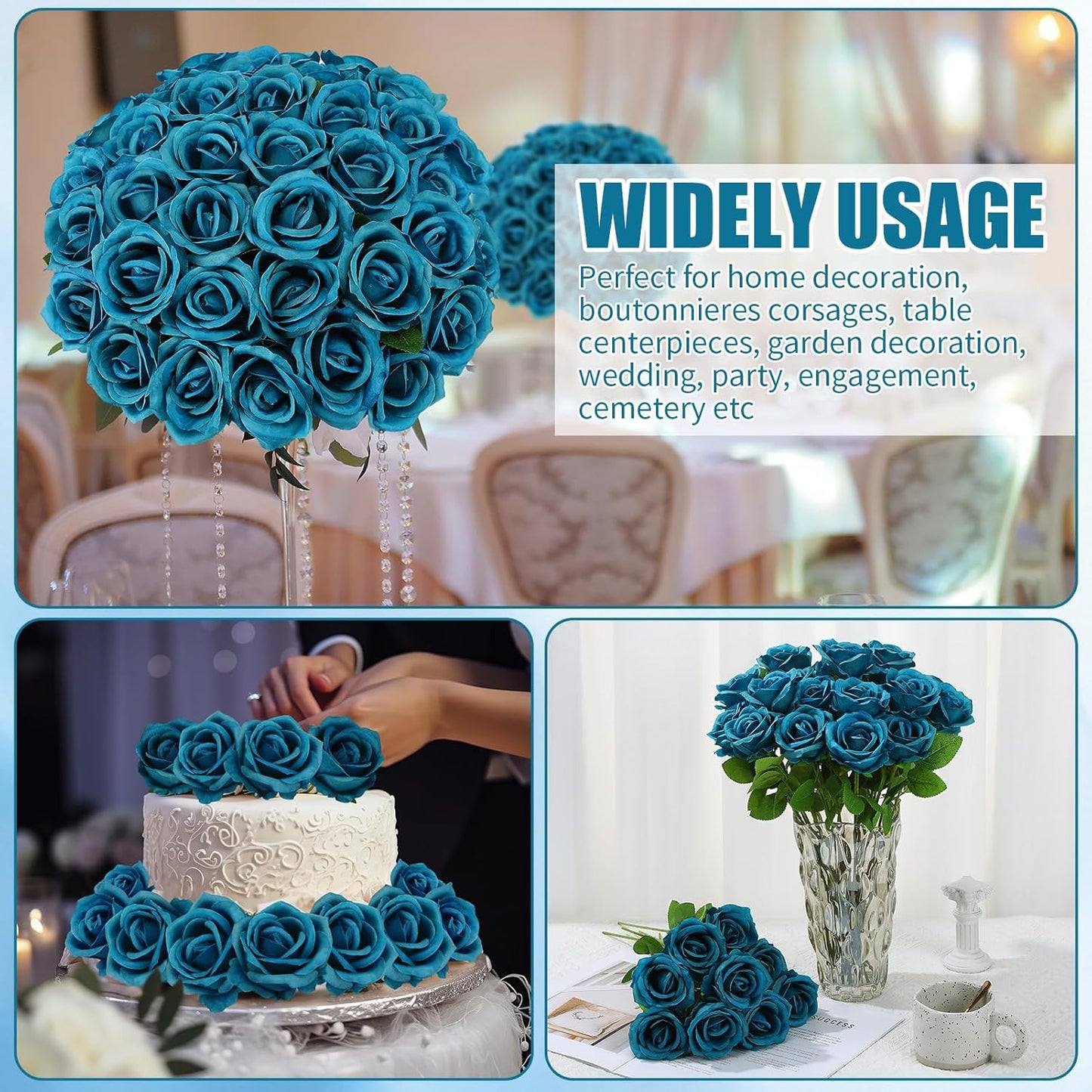 36 Pcs Teal Artificial Roses with Long Stems, Blue Green Fake Silk Rose Artificial Flowers Bulk for Bridal Wedding Bouquet Centerpiece Ball Arrangement Party Decor