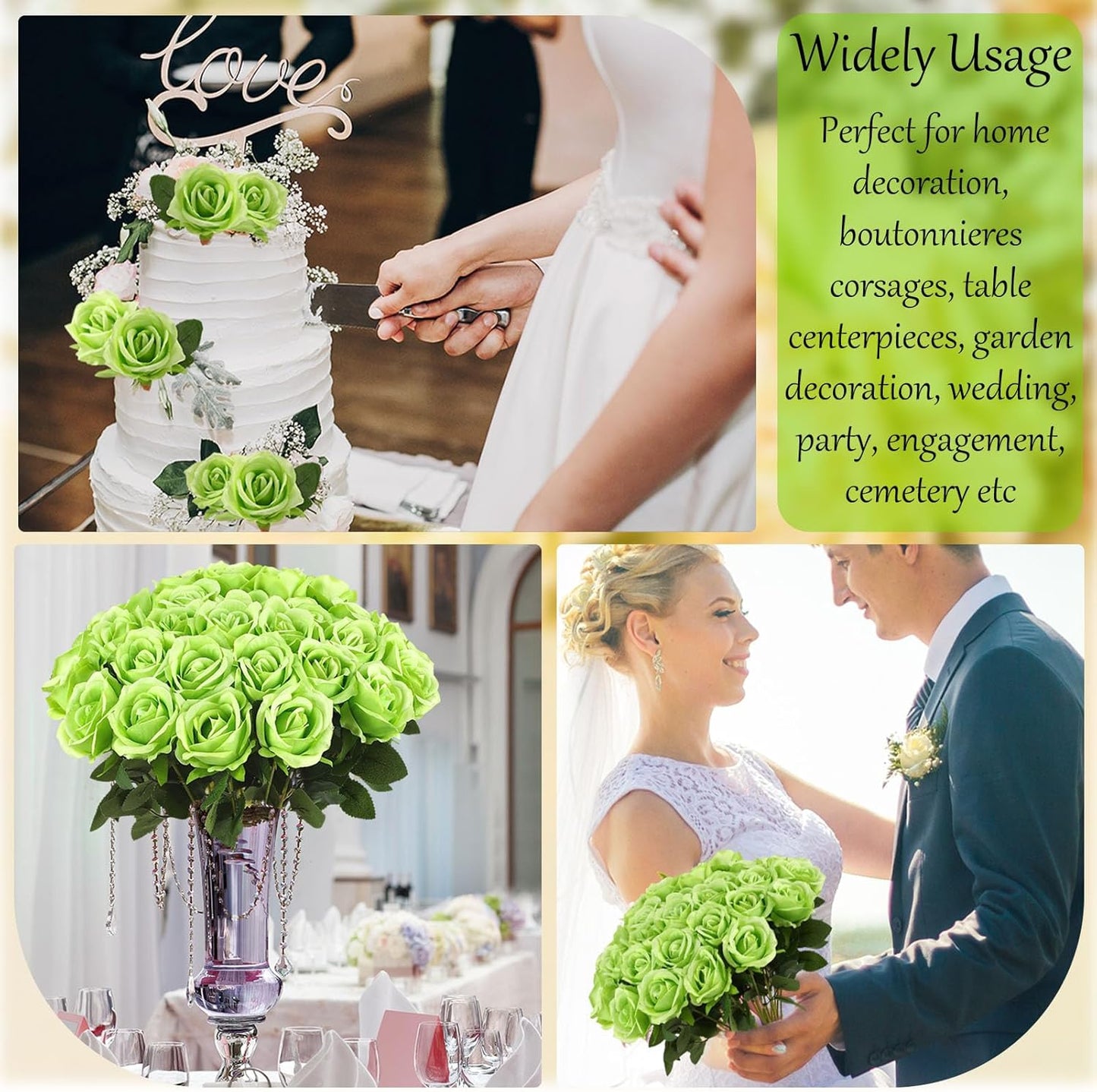 36 Pcs Silk Green Rose Bouquet Bridal Artificial Flowers,Fake Rose Long Stem Realistic Flowers Bulk for Wedding Bouquet Ball Arrangement Centerpiece Party Decor