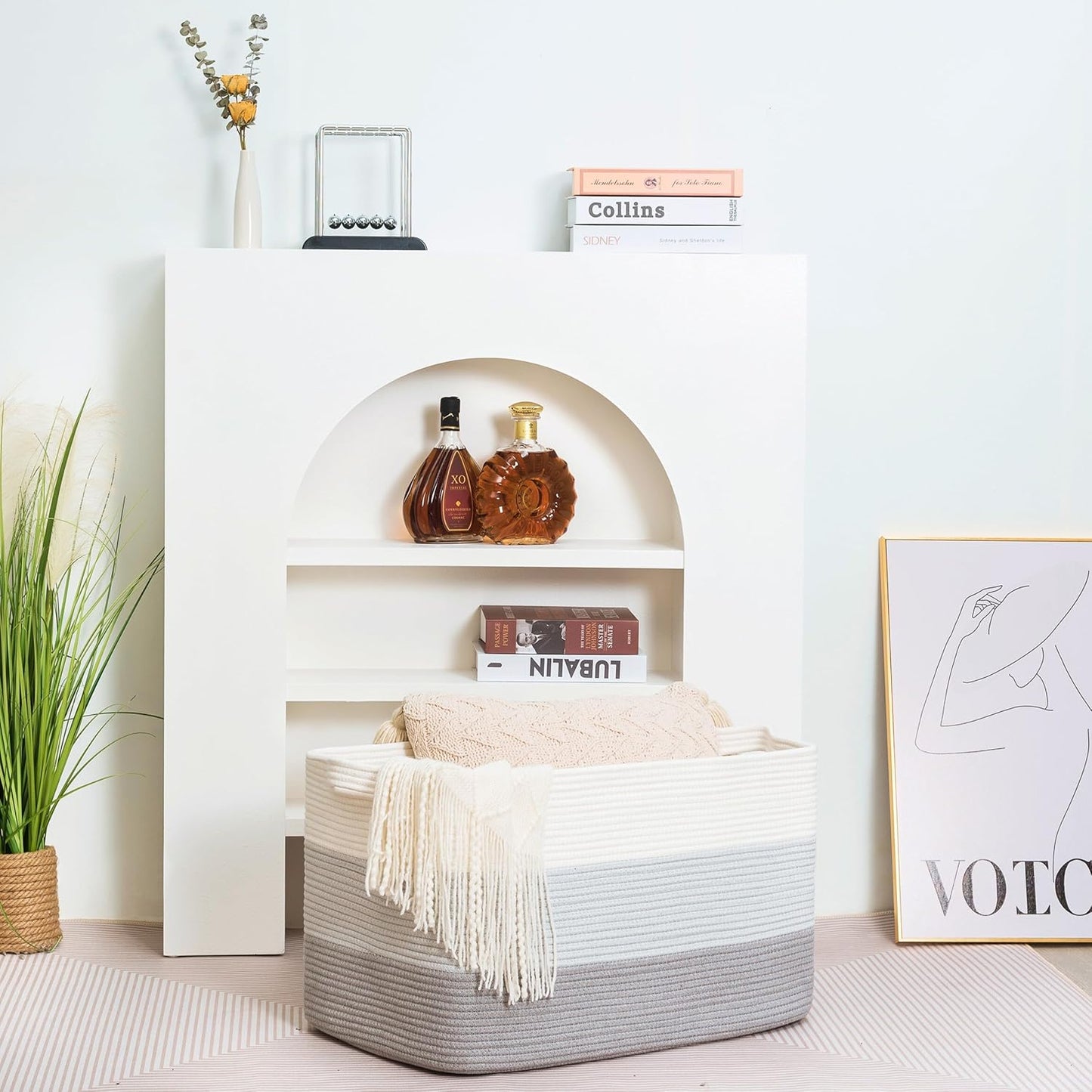 MINTWOOD Design 22in Extra Large Blanket Basket Holder Living Room, Rectangle Rope Woven Storage Basket with Handles for Laundry, Pool Towels, and Shoes, Dog Toy Organizer Bin Box, 3-Tone Light Gray