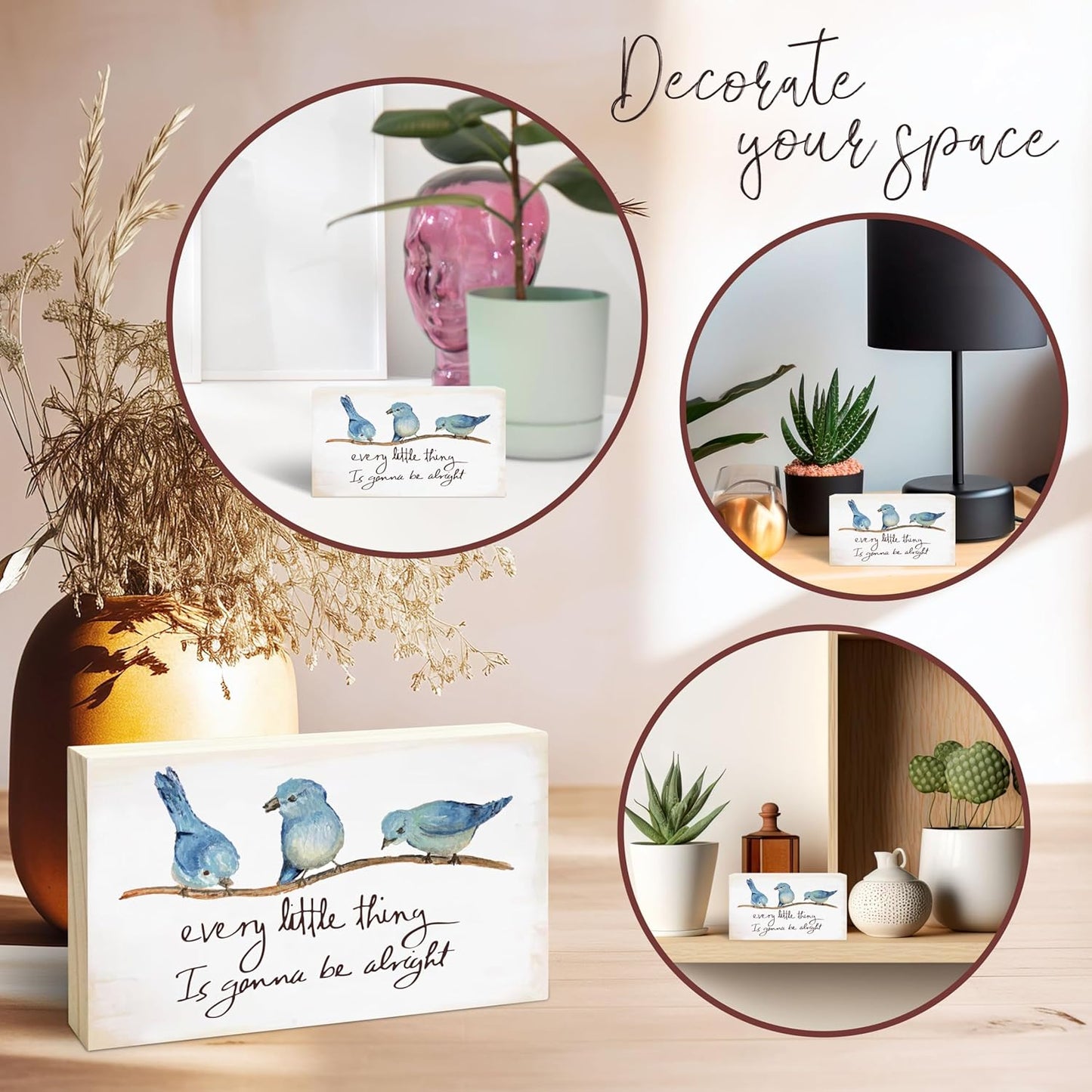 Rustic Pine Wood Block Sign - Every Little Thing Is Gonna Be Alright - Positive Wooden Plaque For Desk Top, Shelf, Living Room, Gift For Friends, Home & Office Decorations(4 X 6 Inches) - D04