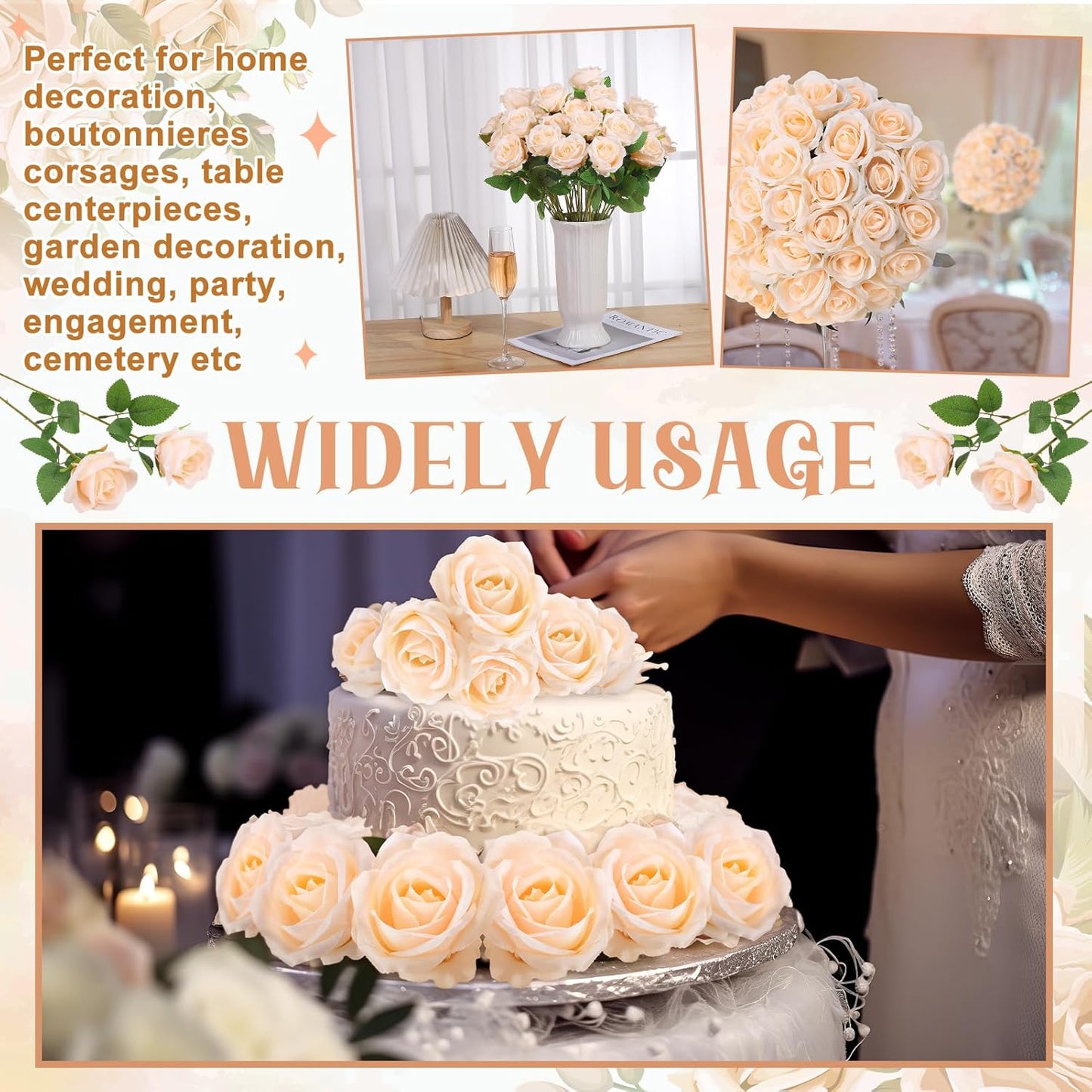 36 Pcs Champagne Artificial Roses with Long Stems, Fake Silk Rose Artificial Flowers Bulk for Bridal Wedding Bouquet Centerpiece Ball Arrangement Party Decor