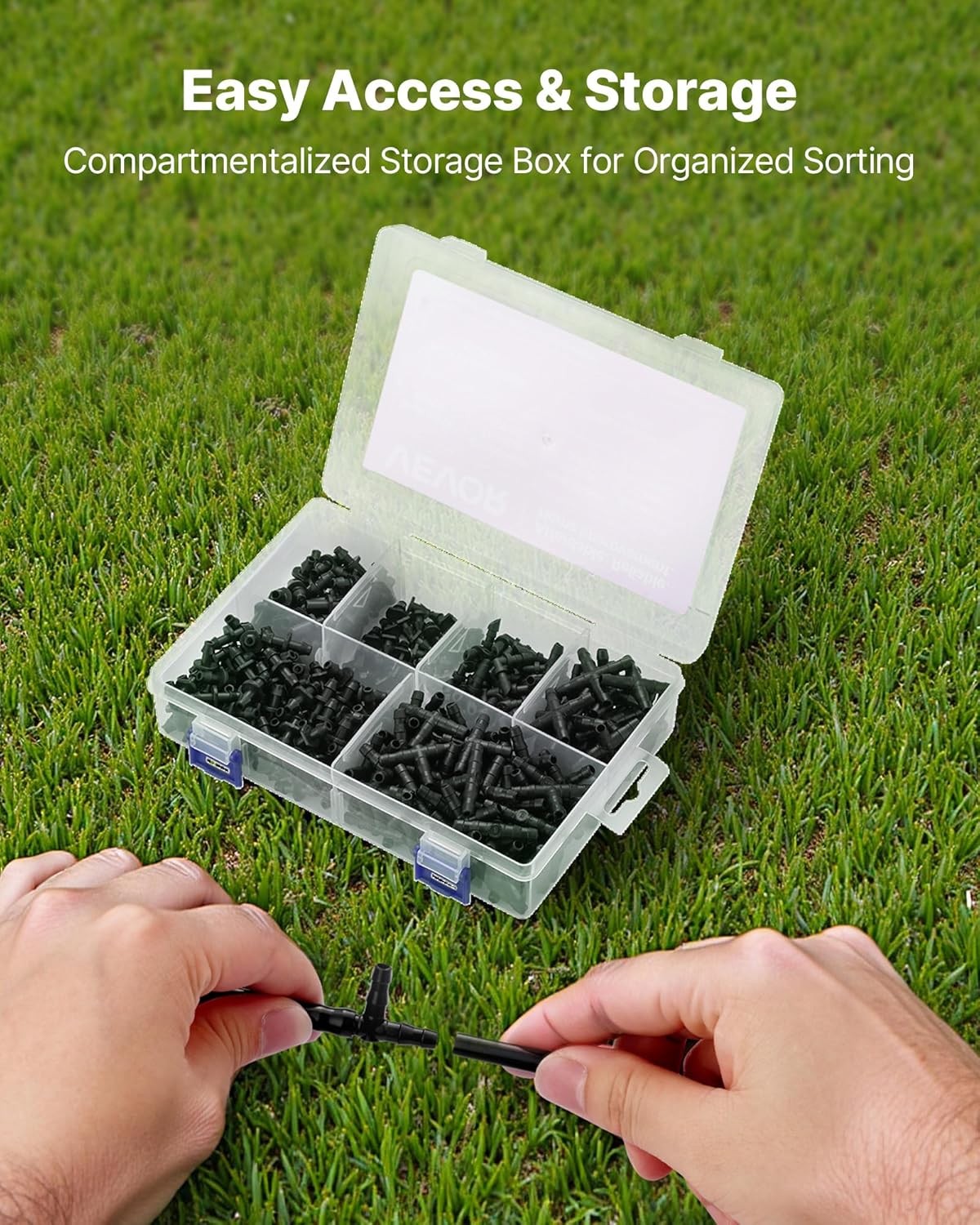 VEVOR Drip Irrigation Fittings Kit for 1/4" Tubing, 300 Pcs Drip Irrigation System Parts, Tees, Straight Barb, 4 Way Coupling, Elbows, End Plug, Single Barbs, Barbed Connectors for Yard Garden Lawn