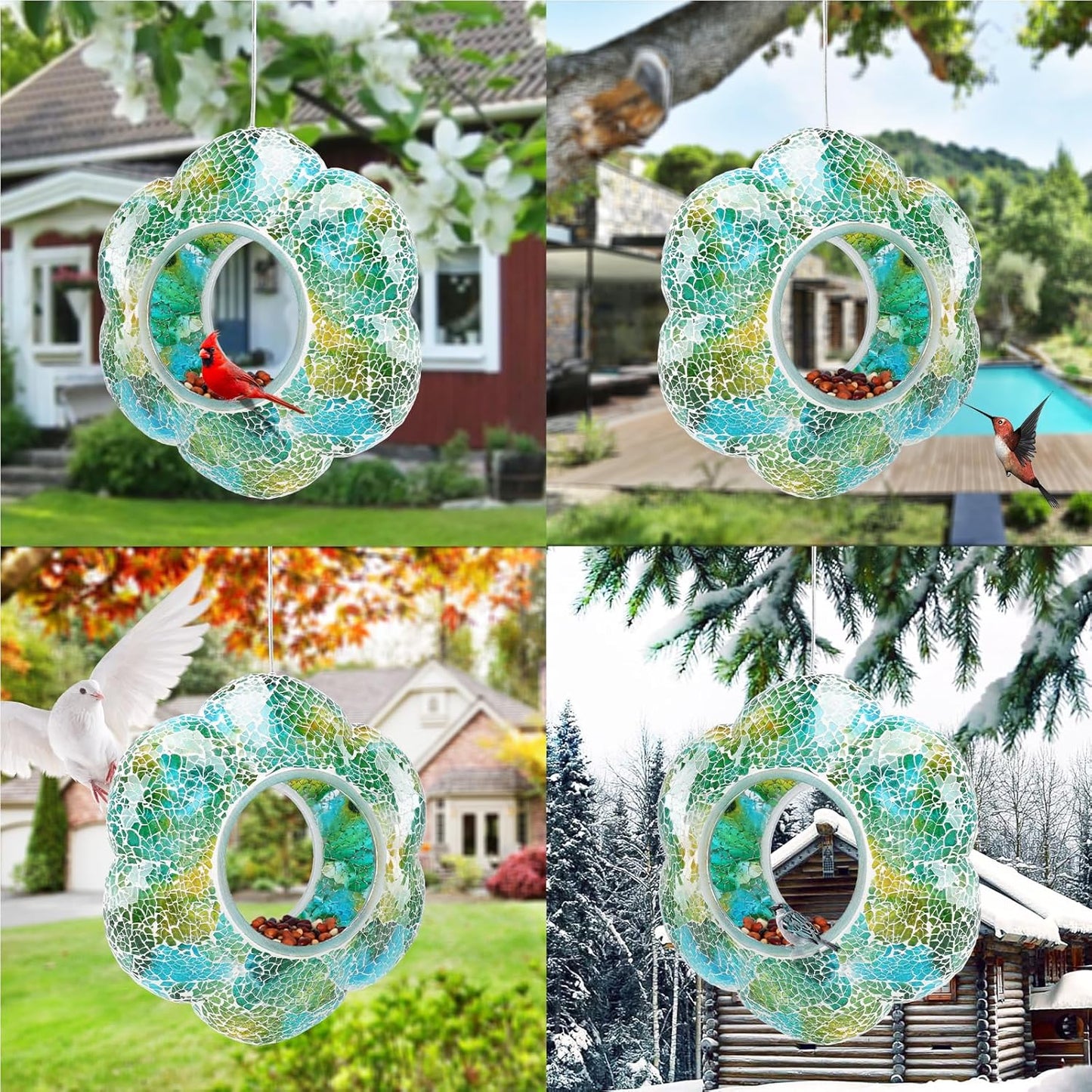 Yinns 9 Inch Large Mosaic Bird Feeders for Outside Hanging Fly Through Bird Feeder with Flower Shape Glass Birdfeeder for Garden Decor