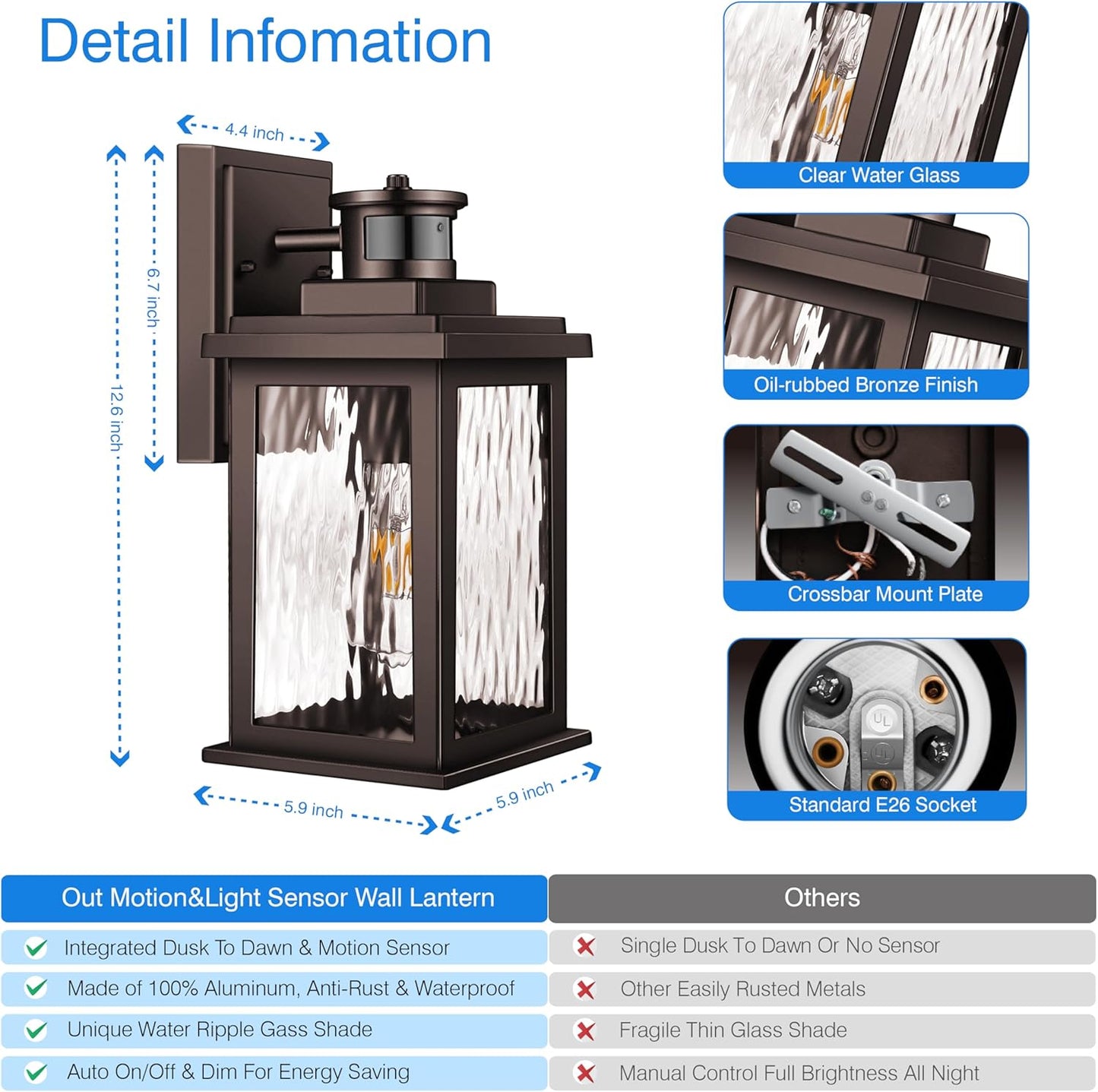 VIANIS Outdoor Motion Sensor Lights for House Oil-Rubbed Bronze, Exterior Waterproof Porch Lights Fixture Wall Mount for House, Aluminum Wall Lantern with Tempered Ripple Glass for Garage Entrance