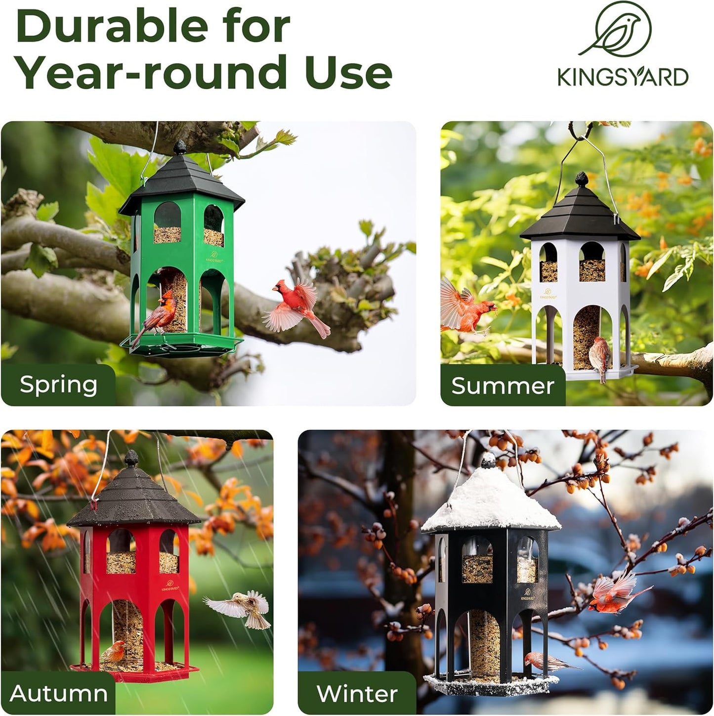Kingsyard Metal Bird Feeder for Outdoor Hanging, Wild Bird Feeders with Circular Perch, Easy to Clean & Refill, 4 lbs Large Seed Capacity, Green