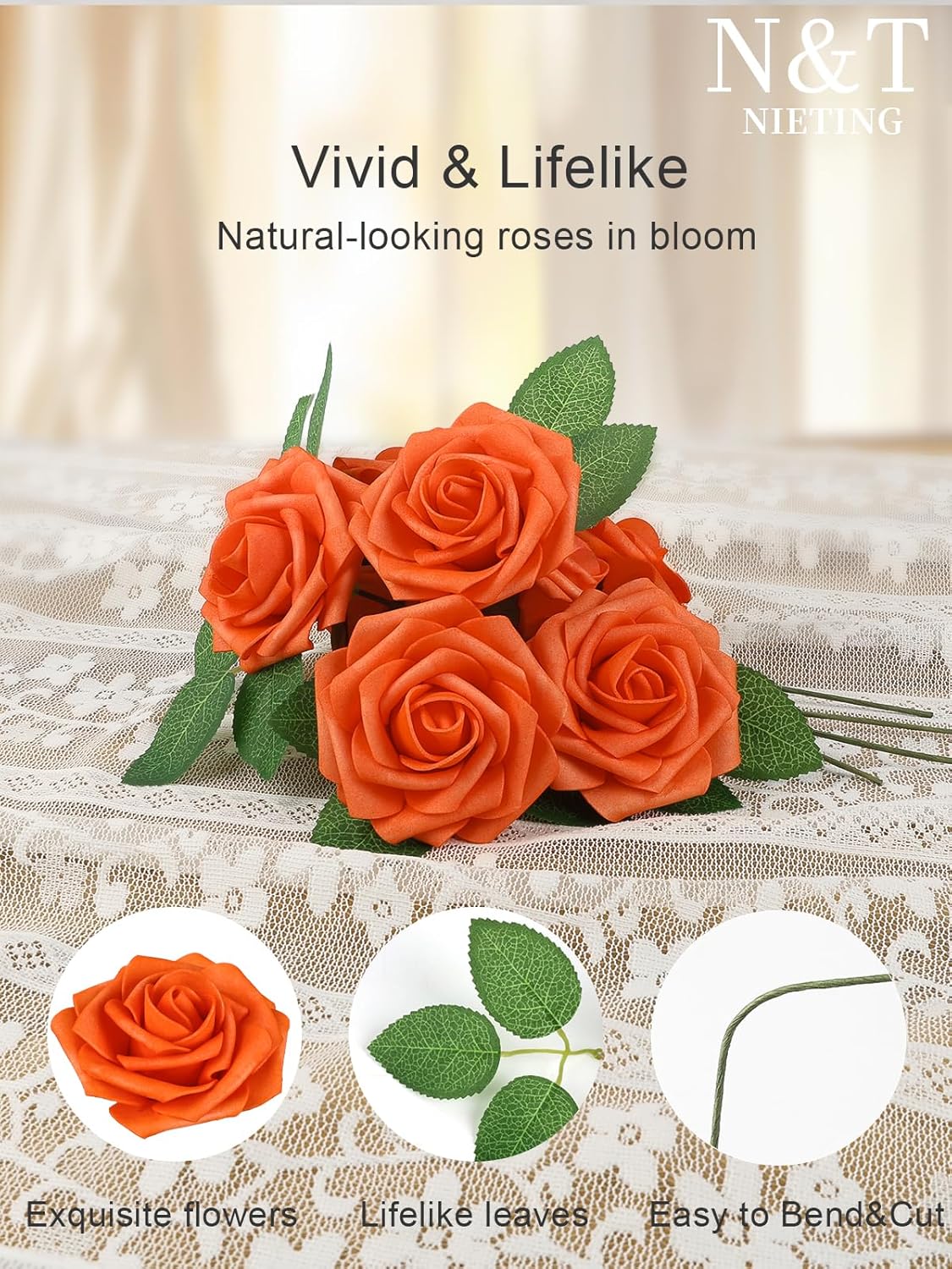 N&T NIETING Artificial Fall Flowers Fake Flowers Orange Roses Perfect for DIY Wedding Bridal Bouquets Centerpieces Bridal Shower Party Home Flower Arrangement Thanksgiving Decorations, 25Pcs