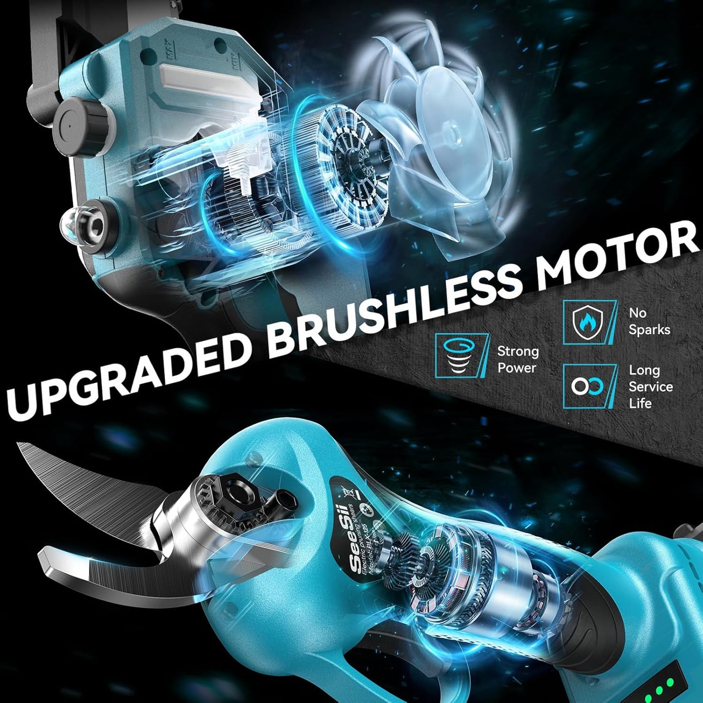 SEESII 4-in-1 Pole Saw & Pruning Shears Combo Kit, 6 Inch Mini Chainsaw for Tree Trimming, Battery Powered Chain Saw with Extension Pole, Limb Branch Cutter Pruner with 2 x 4000mAh Batteries