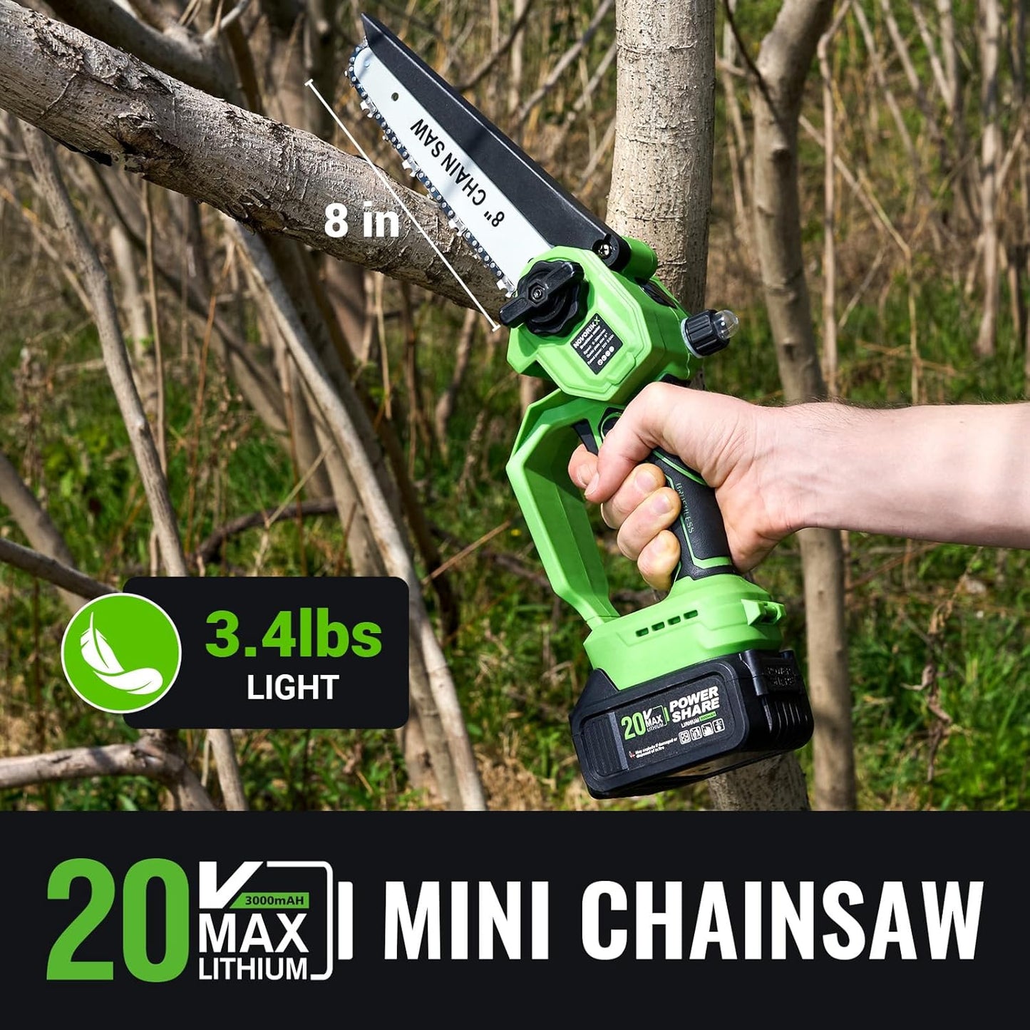 2-in-1 Cordless Pole Saw & Mini Chainsaw 20V 3.0AH 8-Inch 15FT Reach Electric Tree Trimmer Battery Powered Chainsaw with Extension Pole for Tree Trimming Branch Cutting Pruning
