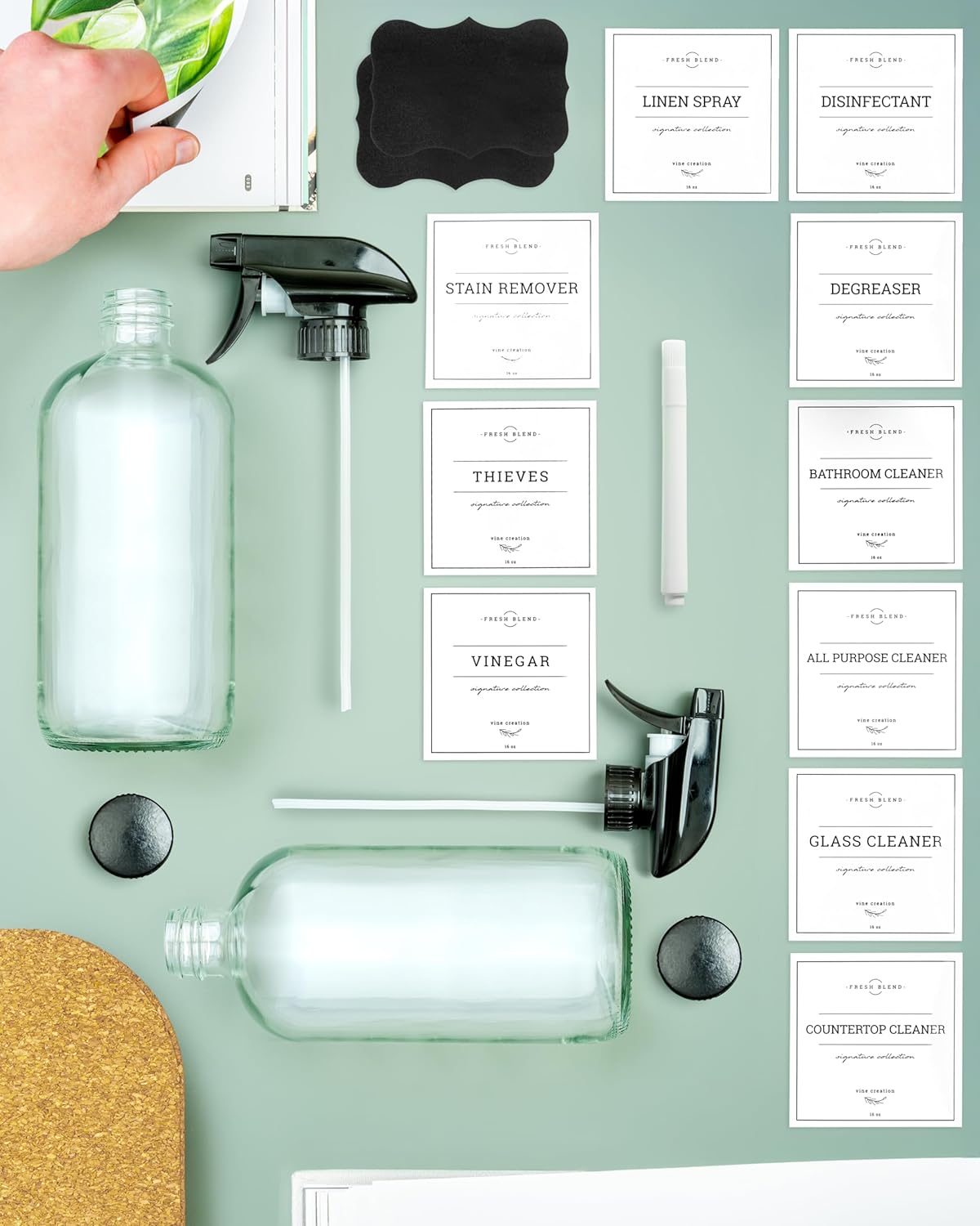 Vine Creations Glass Spray Bottles, 2 Pack Refillable Spray Bottles for Cleaning Solutions, Plant Misters, Clear Glass Spray Bottle for hair, 16 oz Mister Spray Bottle with Waterproof Labels