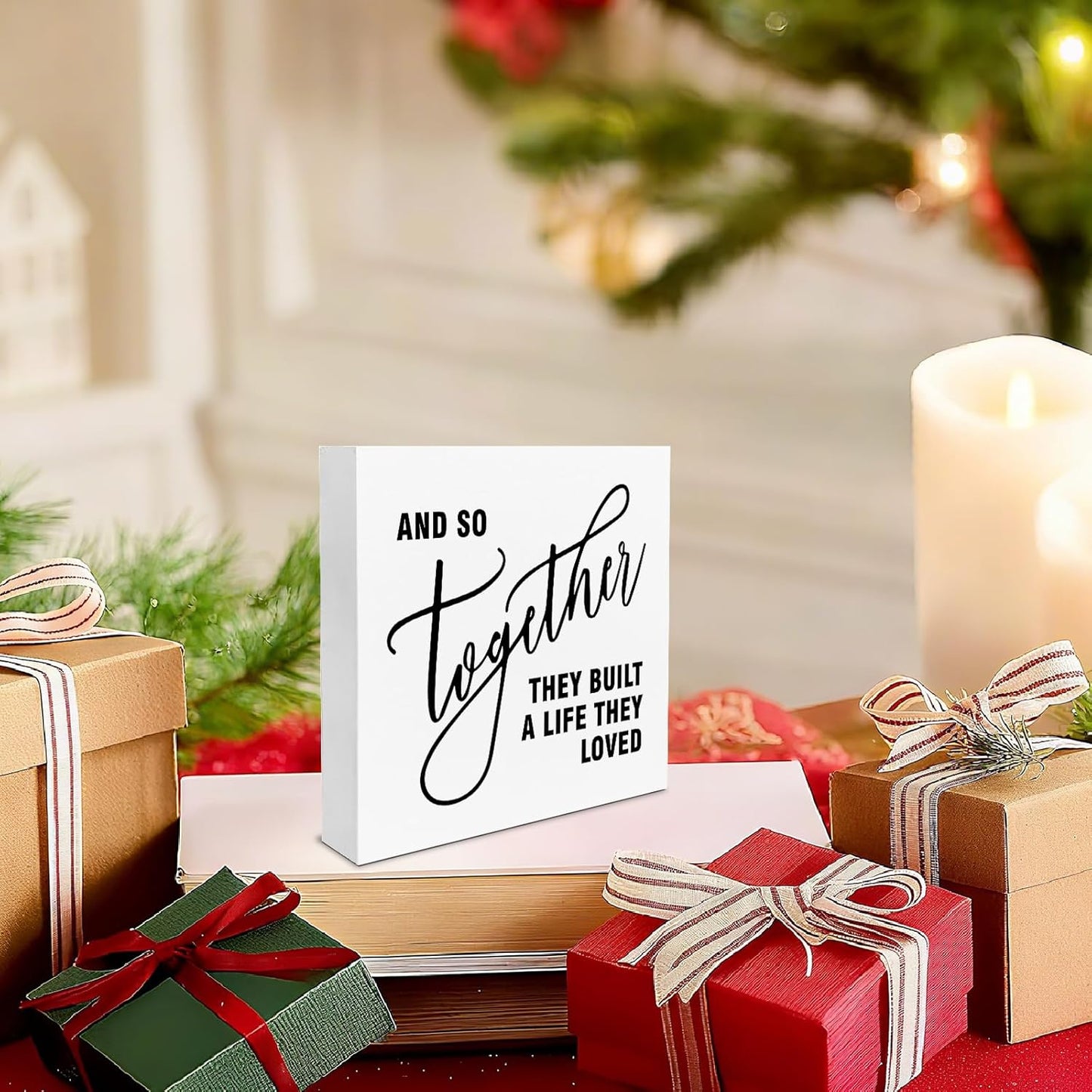 Family Decor, Together They Built A Life Rustic Farmhouse Wooden Box Sign, Family Home Decorations for Living Room Bedroom Desk Table Shelf