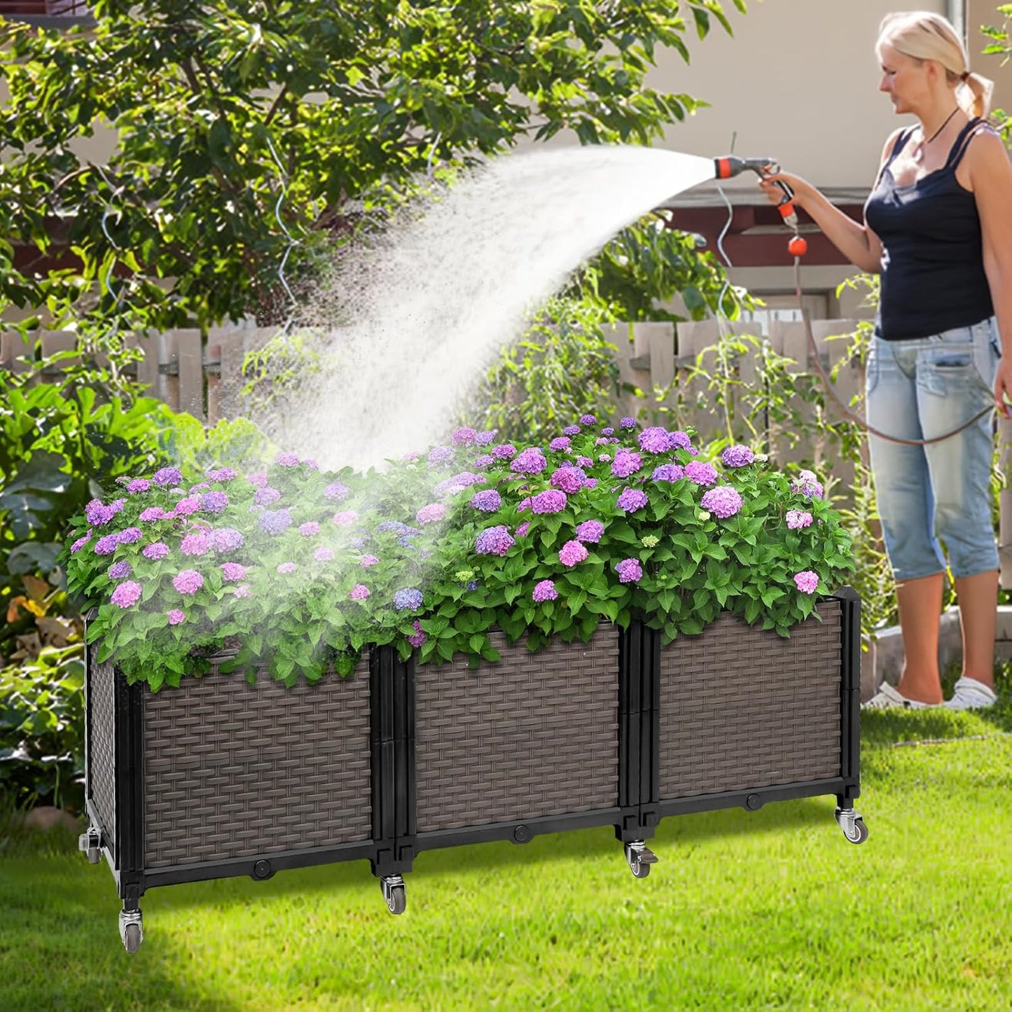 Raised Plant Box with Wheels 47.2"x15.7"x16.1", Raised Beds for Gardening Self Watering, Durable Metal Lockable Casters, Rectangular Garden Planter Perfect for Garden Patio Balcony Deck