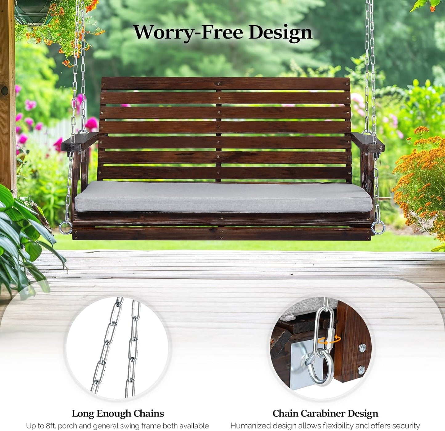 VINGLI Outdoor 4 FT Porch Swing, Heavy Duty 880 LBS Wooden Patio Swings with Cushions, Farmhouse Style Hanging Bench with Adjustable Chains for Yard | Garden | Lawn | Balcony, Rustic