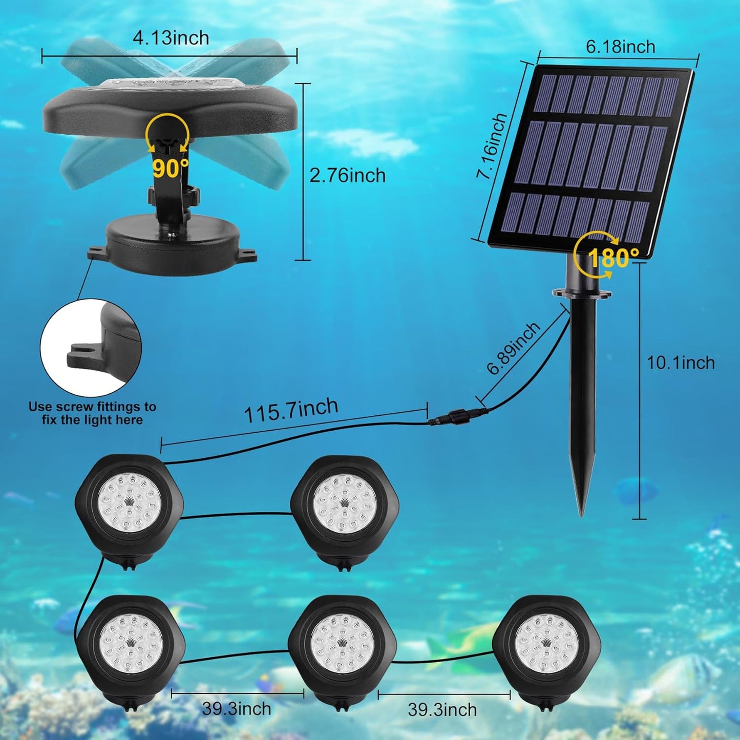 Solar Pond Lights, 18 LED Super Bright RGB LED Underwater Spotlights Color Changing Submersible Pond Light IP68 Waterproof Fountain Lights for Fish Aquarium Tank Garden Yard Pool (5-in-1)