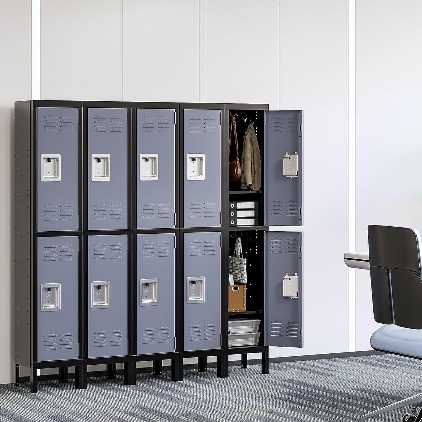 Yizosh Metal Lockers for Employees with Lock, Employees Locker Storage Cabinet with 2 Doors, Tall Steel Storage Locker for Gym, School, Office (Gray Black, 2 Door)