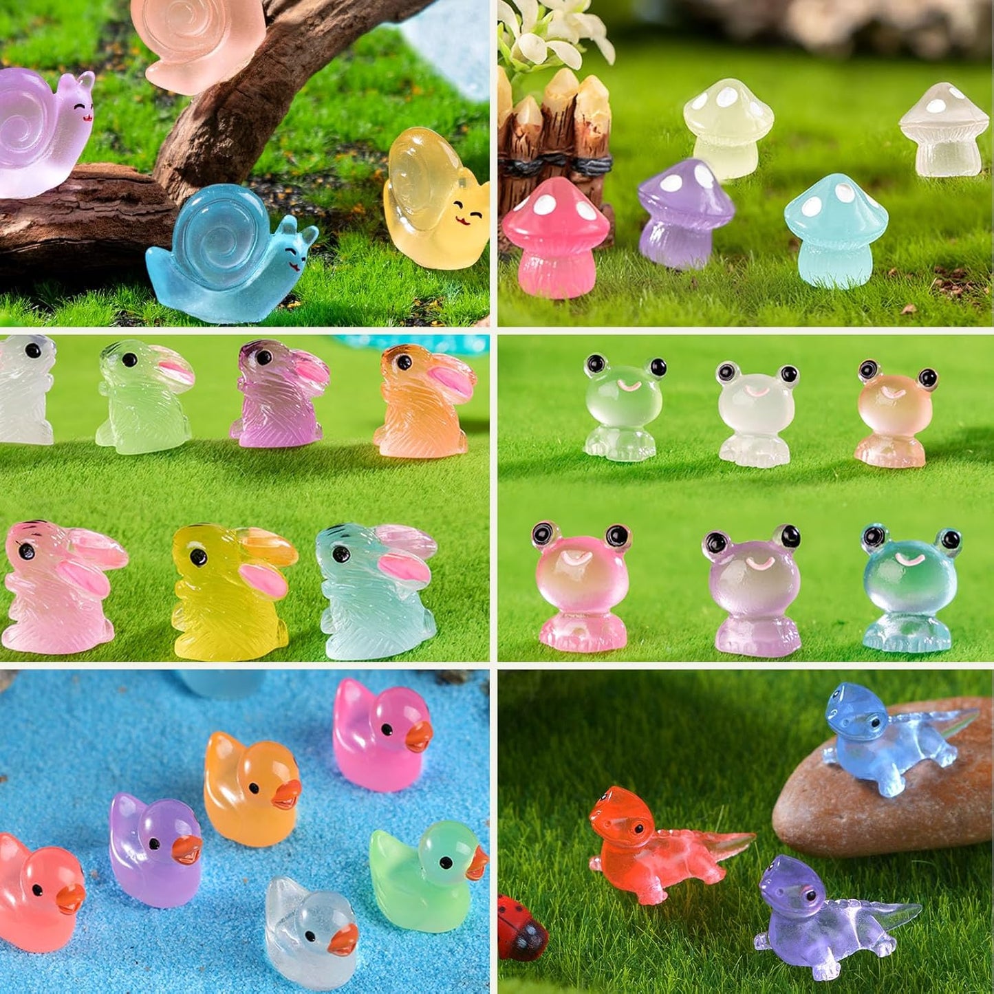 Mini Resin Animals Figures to Hide, 72 PCS Tiny Animal Figurines Small Plastic Animals Variety Pack Luminous Glow in The Dark, Little Ducks Miniature Dinosaurs for Fairy Garden Aquarium Decor
