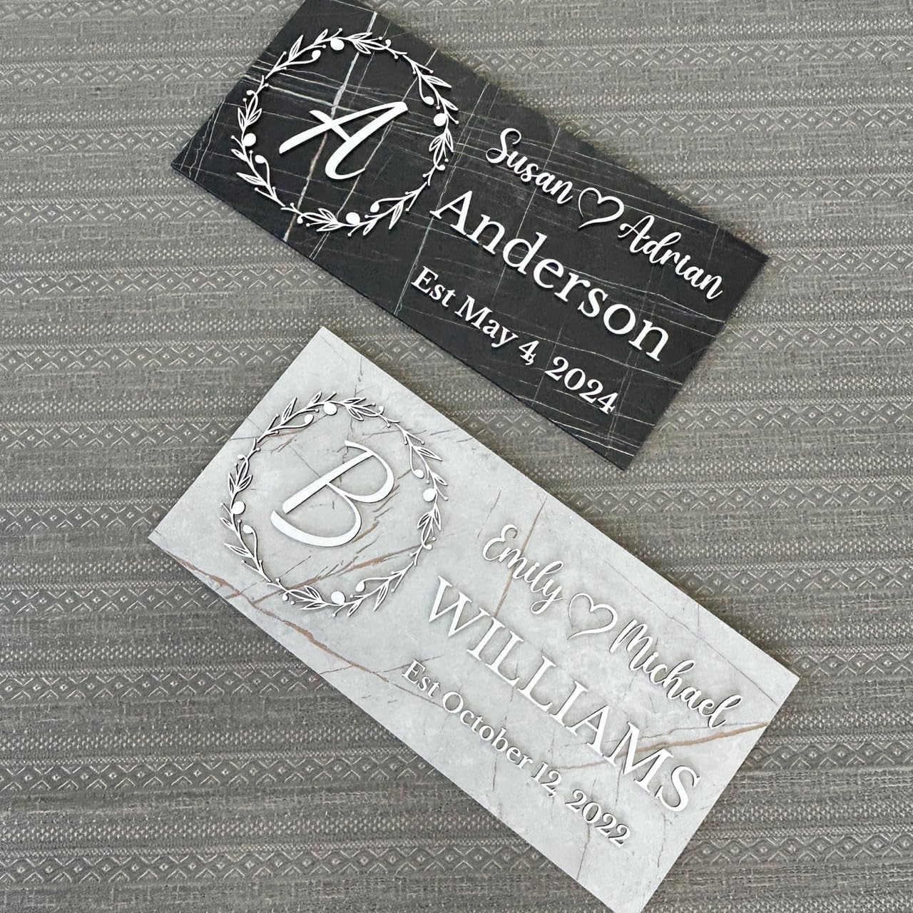 Personalized Black Marble Family Name Sign β Custom Couple Names with Monogram & Established Date β Stylish Wedding, Anniversary, or Housewarming Gift β Dark Wood Wall Decor