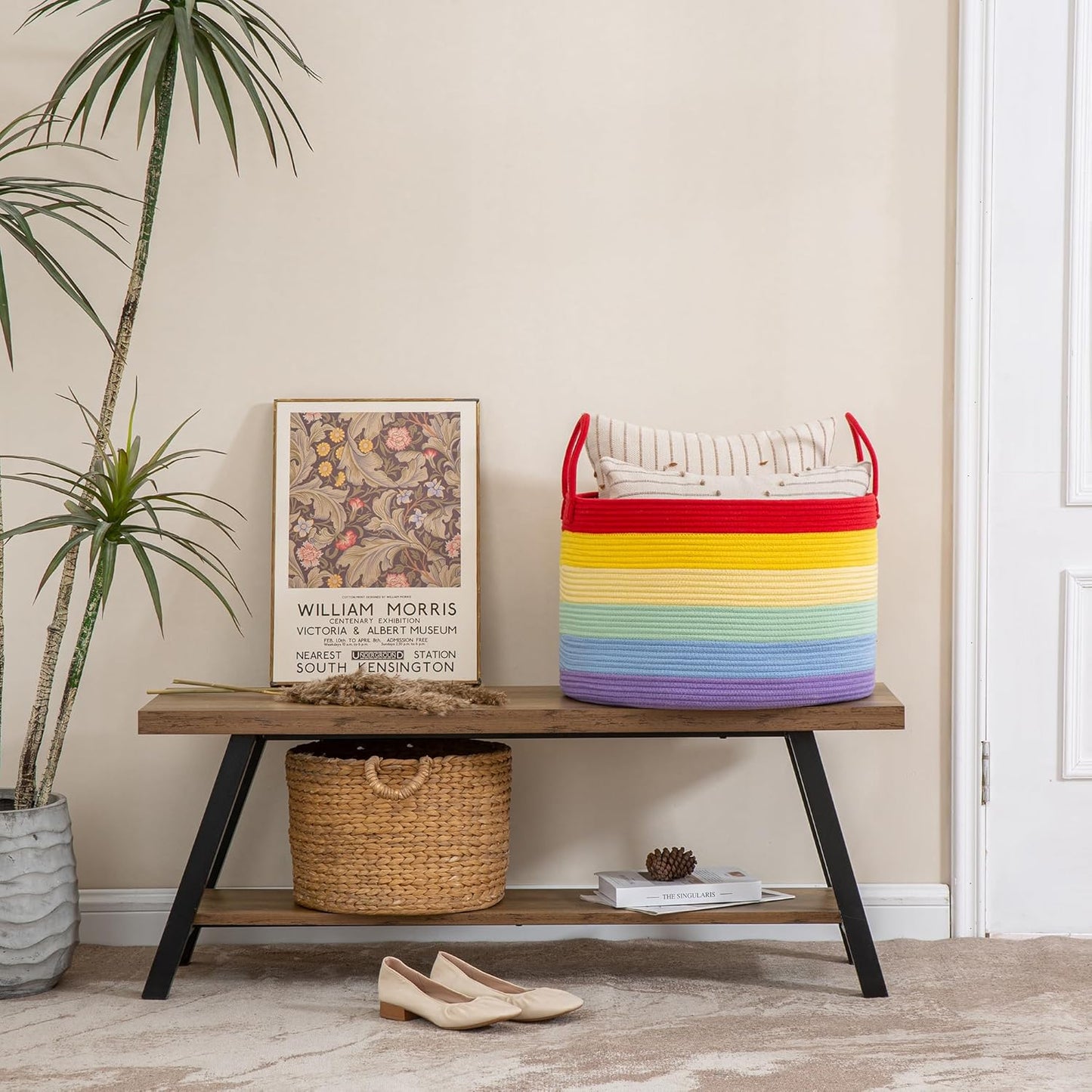 KAKAMAY Large Blanket Basket (20"x13"),Woven Baskets for storage Baby Laundry Hamper, Cotton Rope Blanket Basket for Living Room, Laundry, Nursery, Pillows, Baby Toy chest (Rainbow)