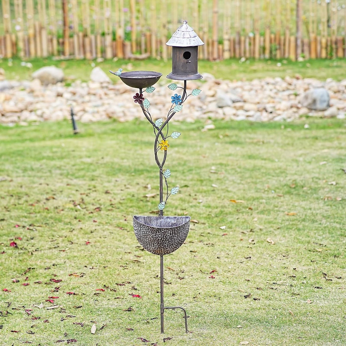 56.7” H Bird Baths for Outdoors, Metal Bird Bath Bird House and Planter Pot 3-in-1 Design, Birdbath and Bird Houses with Pole Stand for Outside Garden Yard Decor