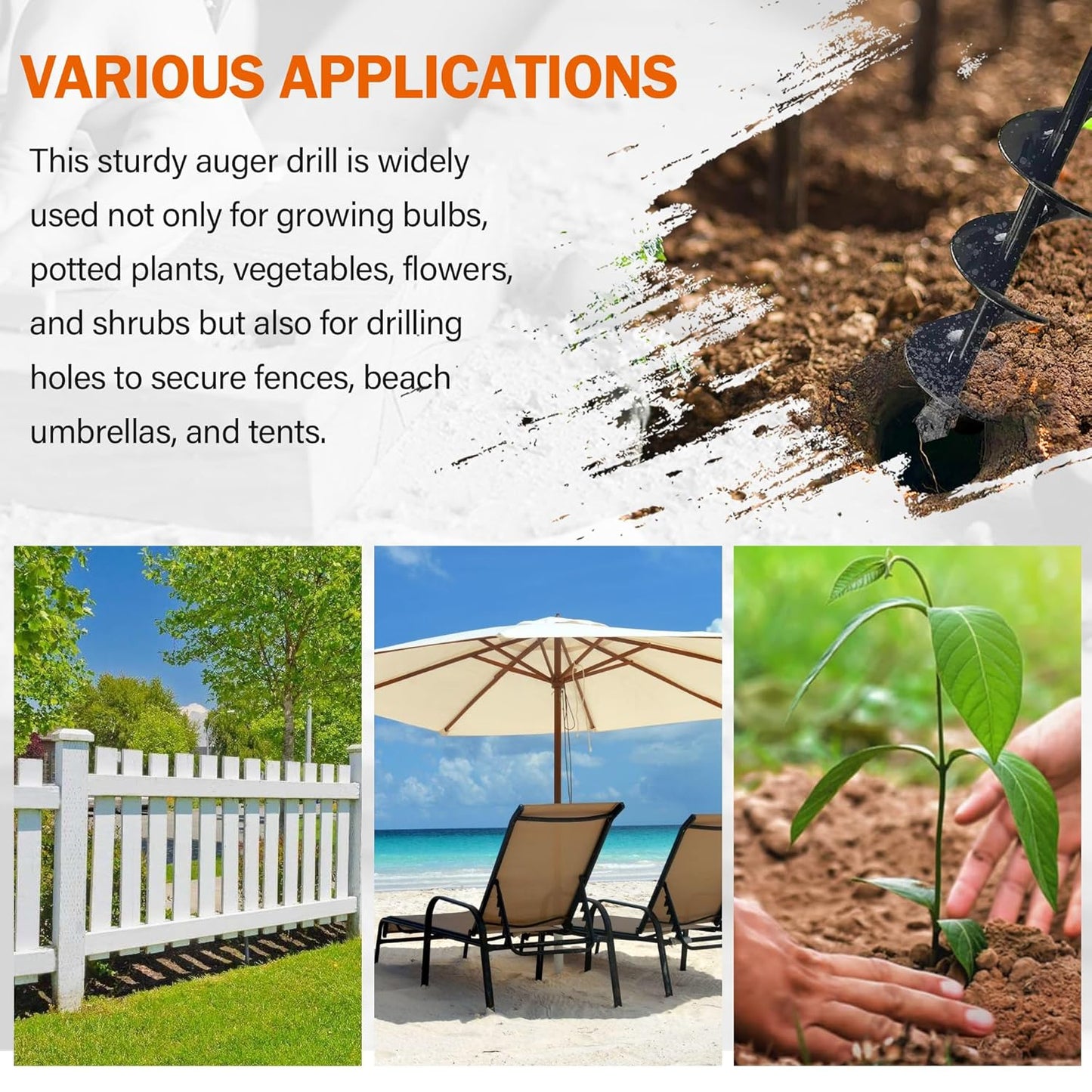 KENDO Auger Drill Bit for Planting Set of 2, Garden Ground Earth Spiral Drill Bits and Bulb Planter Tool for 3/8" Hex Drive Drill, for Post Hole Digger, Bulb Bedding Digging, Plant Rapid Planter