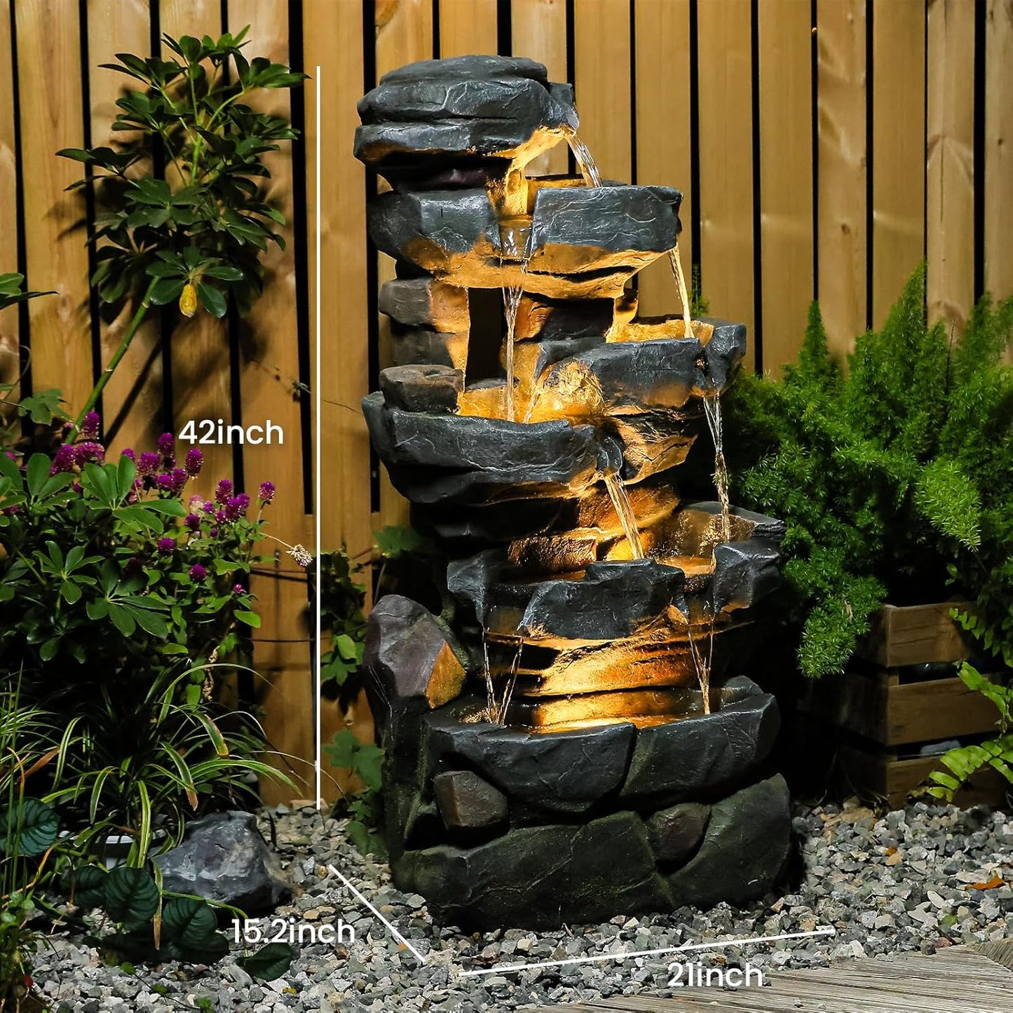 6-Tier Cascading Rock Water Fountain Outdoor Resin Stone Imitation Waterfall with LED Lights, Indoor/Outdoor Decor for Garden, Patio, Backyard, Porch and Home Art Decor