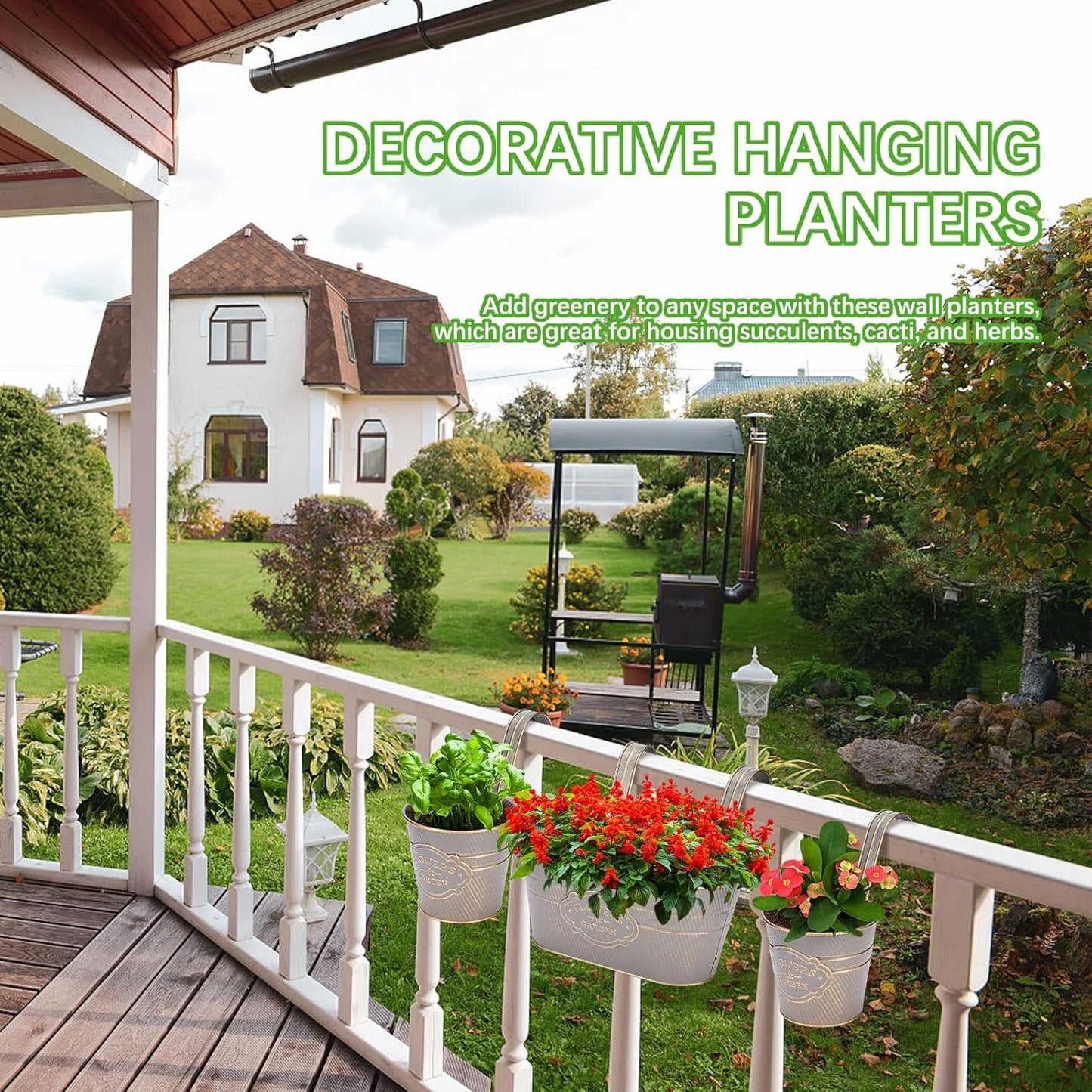 PerGar Vintage Metal Iron Wall Hanging Flower Pots, Rustic Planter Bucket Herb Flower Plant Holder with Detachable Hooks & Drainage Hole for Railing Fence Balcony Deck Garden Home Decoration, Set of 3