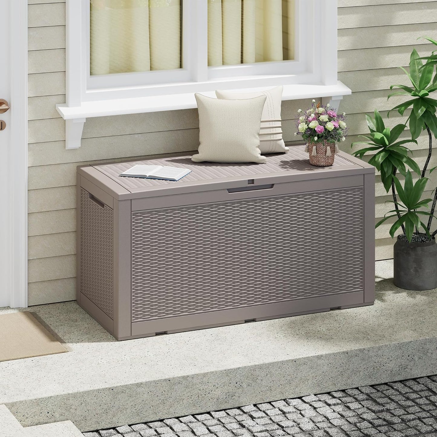 NUNU LAB 102 Gallon Large Waterproof Resin Deck Box, Lockable Outdoor Storage Box with Gas Lift, Patio Cushions, Garden Tools, Pool Supplies, Indoor Outdoor Storage Container, Grey