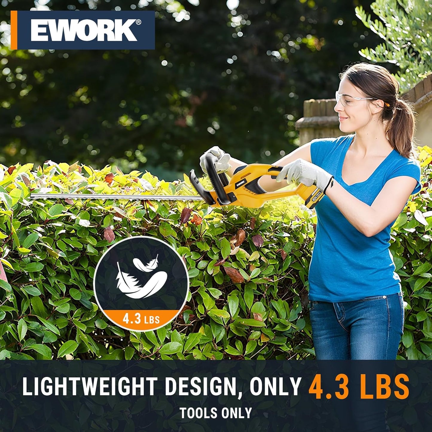 EWORK 20V Cordless Hedge Trimmer 22-Inch Electric Bush Trimmer, 5/8" Cutting Capacity, Battery Powered Lightweight Handheld Shrub Trimmers with Battery and Charger for Garden, Yard