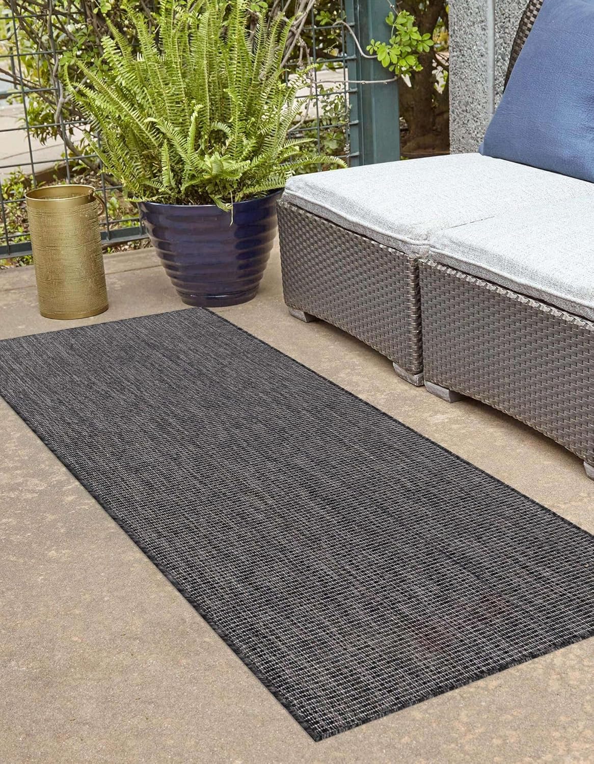Unique Loom Collection Casual Transitional Solid Heathered Indoor/Outdoor Flatweave Area Rug (2' x 8' Runner, Black/Ivory)