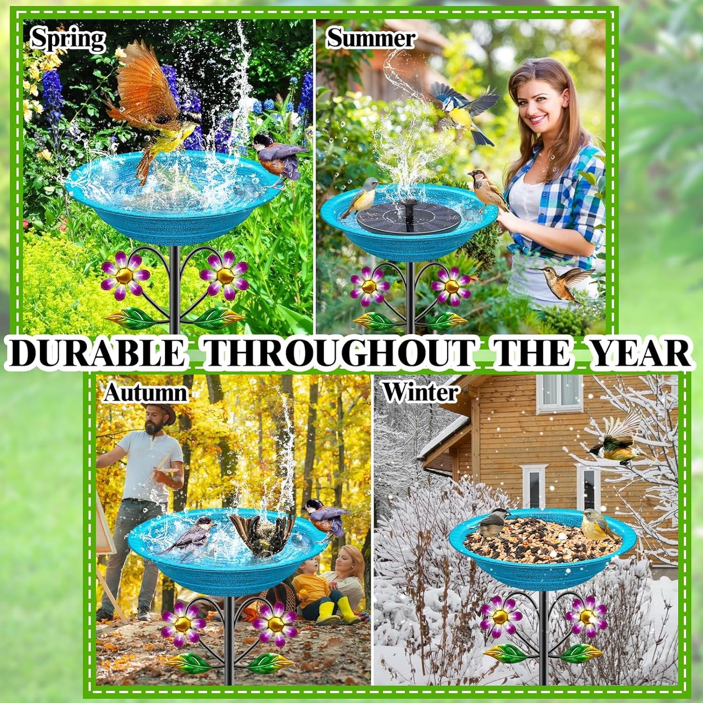 Metal Bird Bath for Outside Garden Birdbath Bowl, Freestanding Bird Feeders for Outdoors with 5 Prongs Base Stake, Standing Birdfeeders Bath Bowl for Yard Decor (Retro Blue)