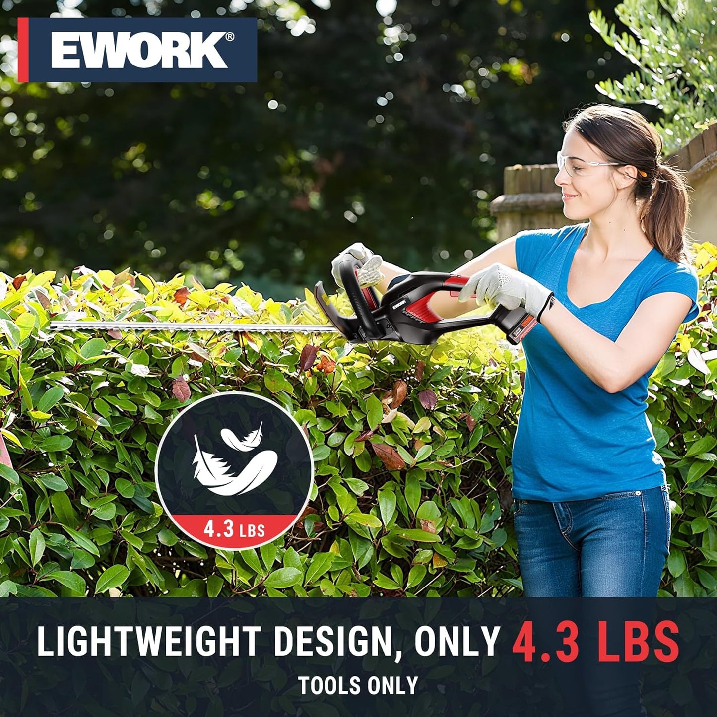 EWORK 20V 22-Inch Electric Hedge Trimmer Cordless 5/8" Cutting Capacity, Lightweight 4.3 Lbs, Battery Powered Bush Trimmer, Handheld Shrub Trimmers with Battery and Charger for Garden, Yard