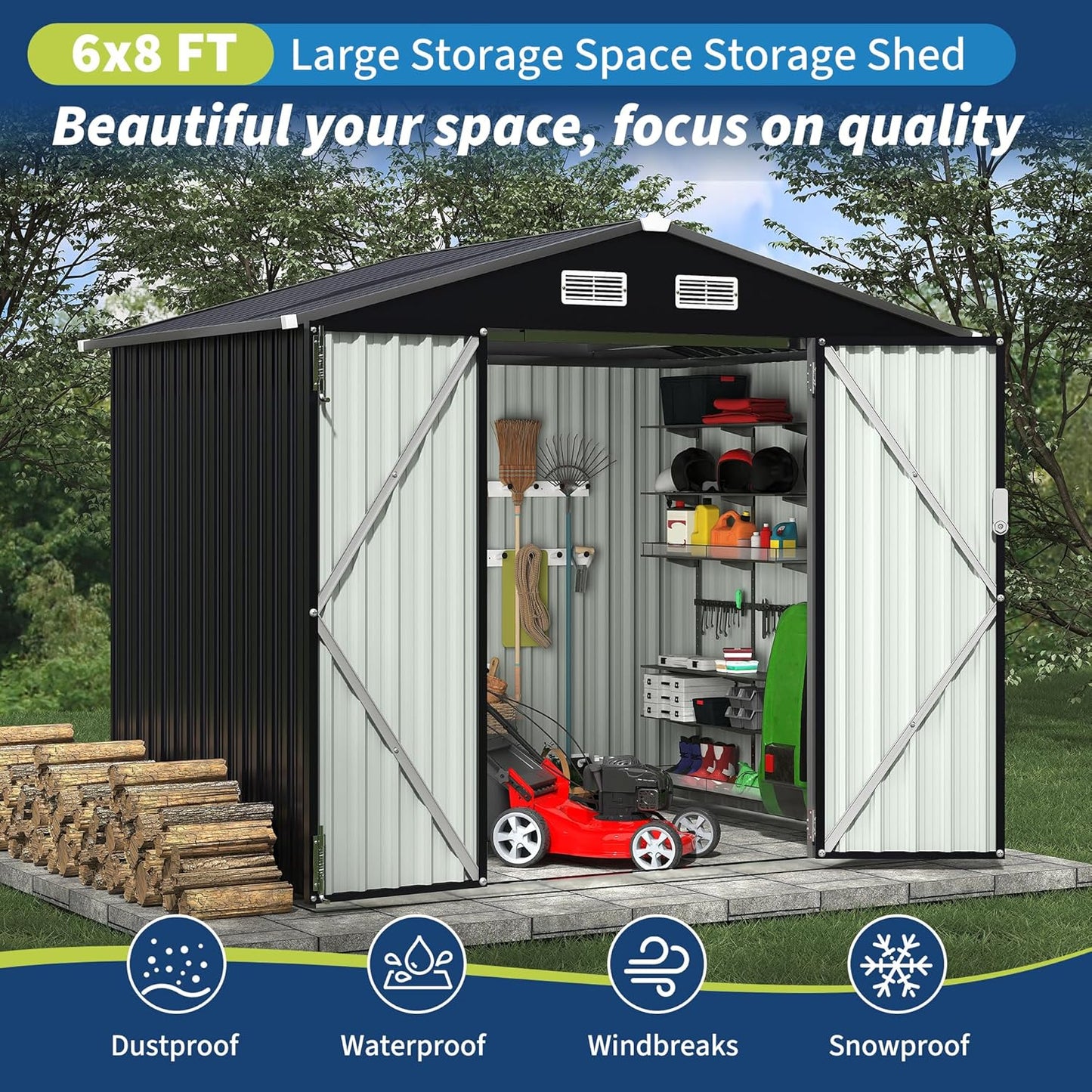 6x8 FT Metal Storage Sheds Outdoor with Floor, Metal Yard Sheds Garden Shed Kit, MetalTool Shed with Lockable Door, Metals UtilitySheds Buildings with Air Vent for Backyard Garden Patio Lawn