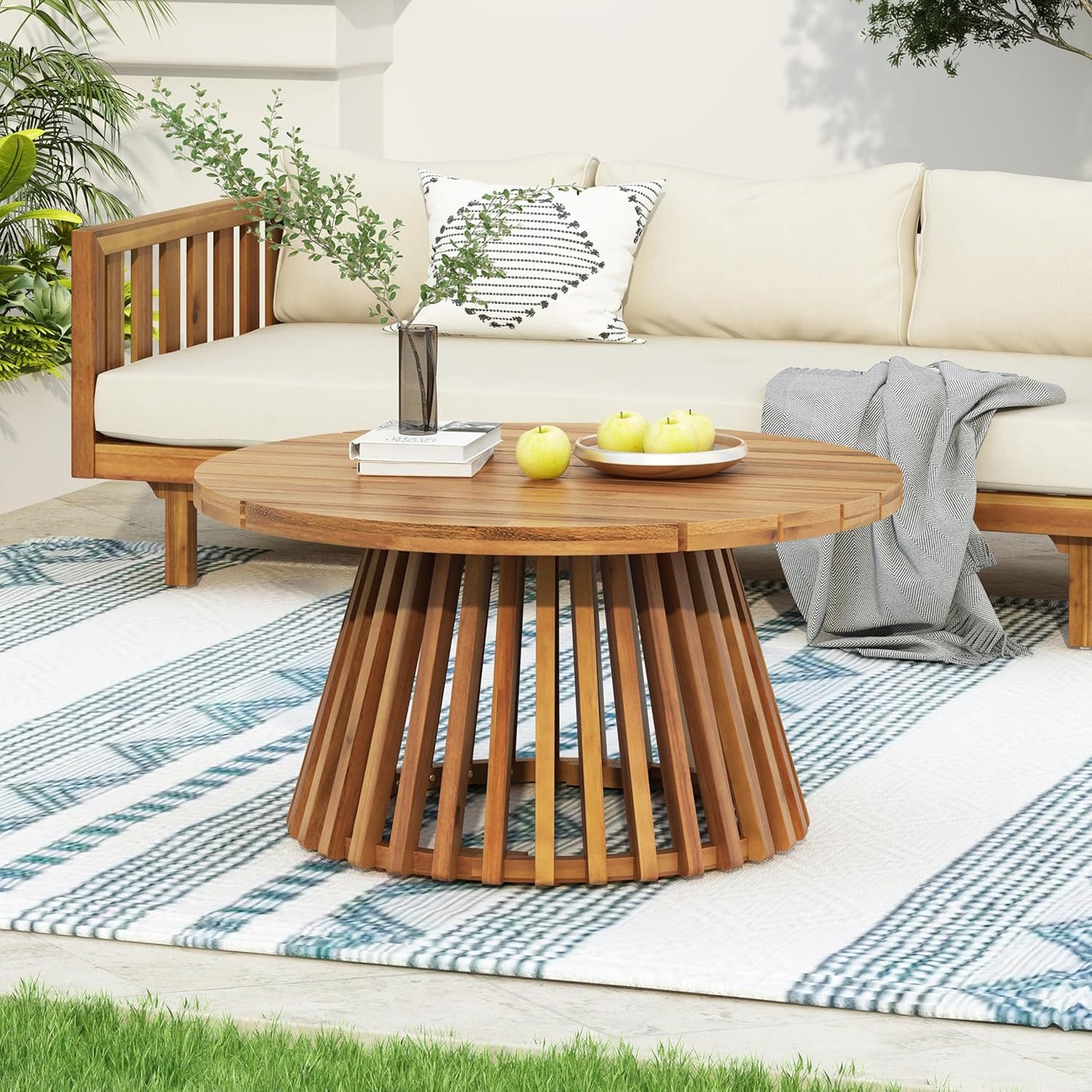 Christopher Knight Home Claremont Patio Sofa and Coffee Table Set, 2 Piece Wicker Patio Furniture Set, Acacia Wood 3 Seater Outdoor Sofa Daybed and Coffee Table Set, Teak+Light Grey