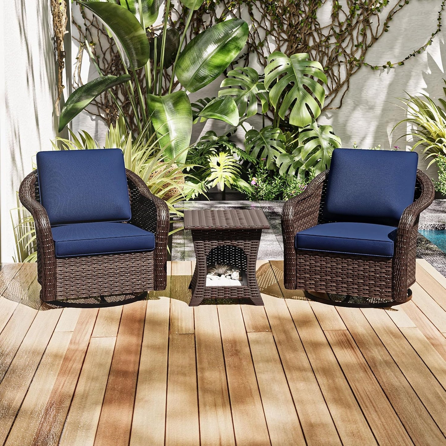 Outdoor Wicker 360 Degree Swivel Glider Rocker Chairs Set of 2 with Cat House Side Table, Patio Conversation Furniture Set with Washable Cushions for Garden, Poolside (Navy Blue)