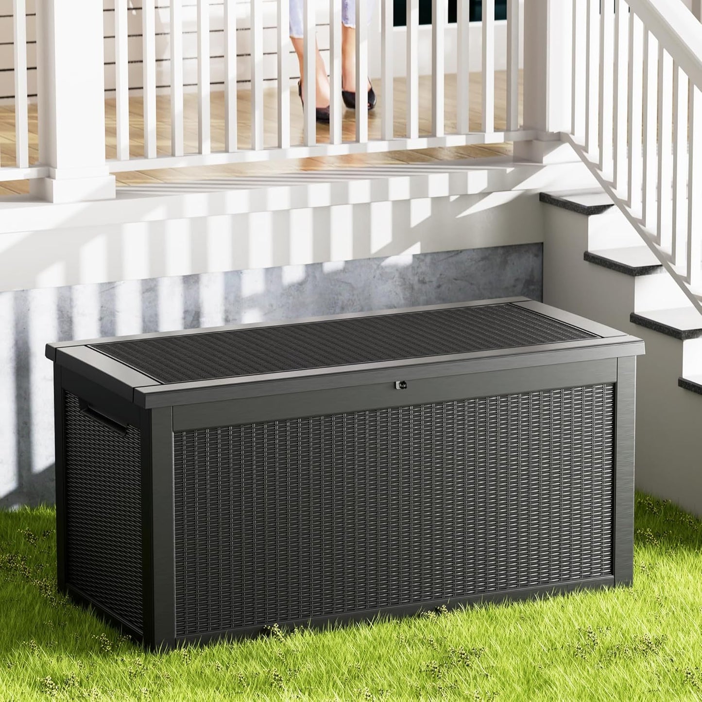 320 Gallon Waterproof Black Deck Box, Lockable Resin Storage Box for Patio Furniture Cushions Garden Tools and Outdoor Delivery Storage