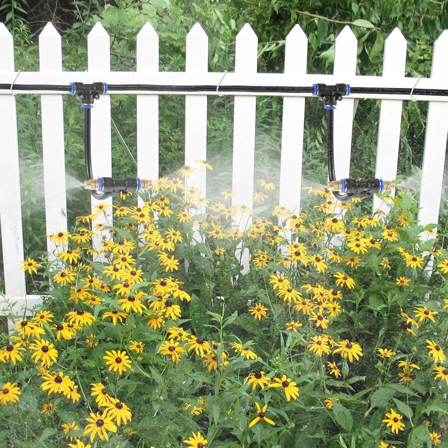 Mornajina 3Packs 2 Way Brass Misting Nozzles Tee with 12inch Built in Hose for Outdoor Cooling System, Adjustable 360° Rotation, Water Mister Nozzles Thread Sprayer 0.043" (1.1 mm)