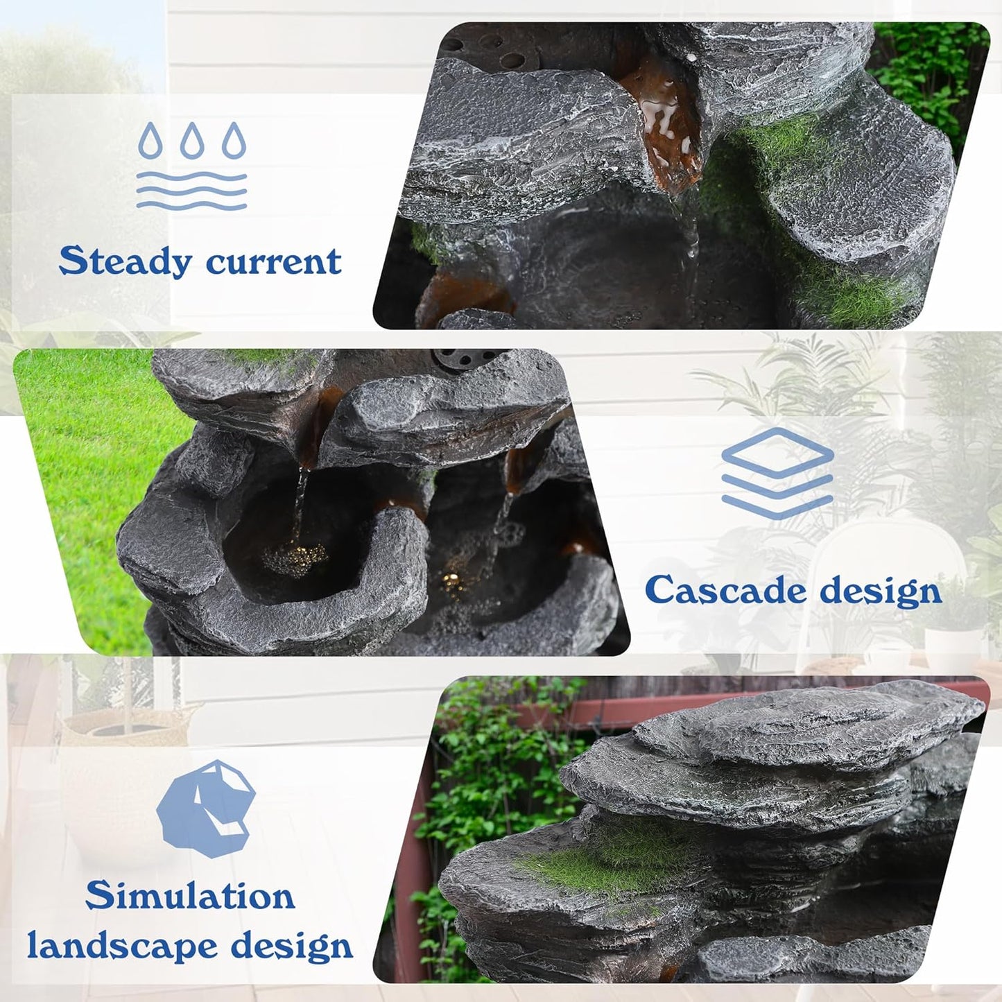 Cascading Rock Water Fountain Outdoor - Waterfalls Fountains with LED Lights, Outdoor/Indoor Resin Fountain for Patio, Garden, Backyard, Deck, Porch, Home Art Docor (24" H)
