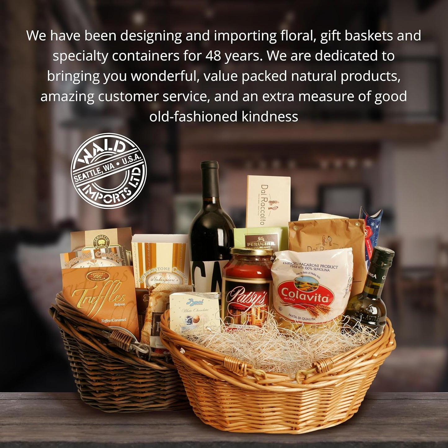 Wald Imports - Medium Wicker Basket with Handle - Dark Brown Hand Woven Harvest Basket - Wicker Flower Basket for Storage, Picnics, Easter, Organizing, and More (17 x 6.5 inches)