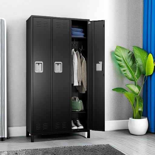 METAN Metal Locker for School Office Gym Bedroom,3 Doors Steel Storage Locker Cabinet for Employees,Industrial Storage Locker with 2 Shelves,Assembly Required (3 Door-Black)