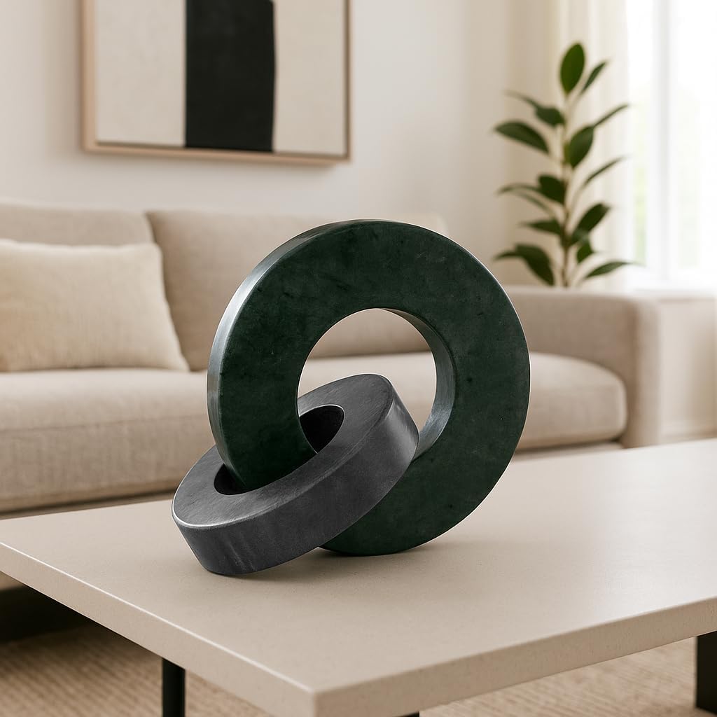 Home Decor and Bathroom Decor Marble Double Ring – Modern Shelf Sculpture and Office Accents for Room Styling – Coffee Table Ornaments and Living Room Decor Statues Design – 6", Green & Black
