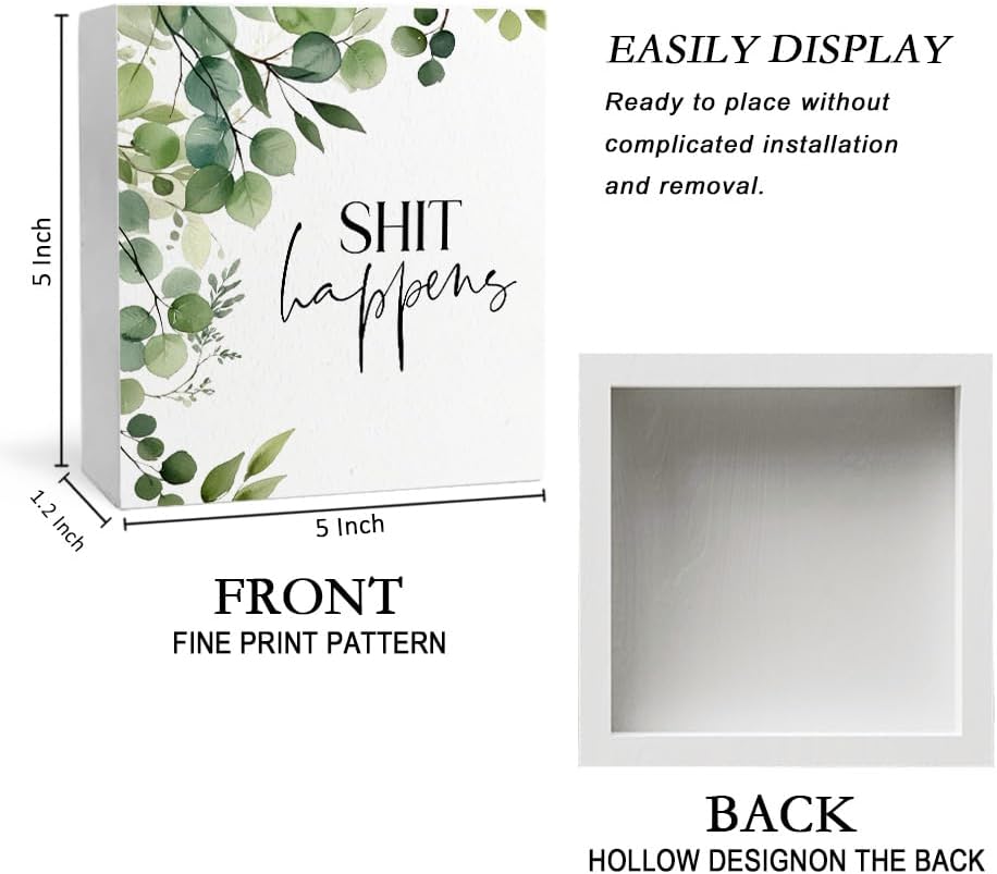 Shit Happens Funny Bathroom Wooden Box Sign, Eucalyptus Botanical Wood Signs for Restroom Bathroom Toilet Half Bath Shelf Counter Decor, 5x5 Inch