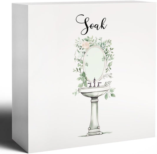 Soak Funny Bathroom Wooden Box Sign, Eucalyptus Botanical Wood Signs for Restroom Bathroom Toilet Half Bath Shelf Counter Decor, 5x5 Inch