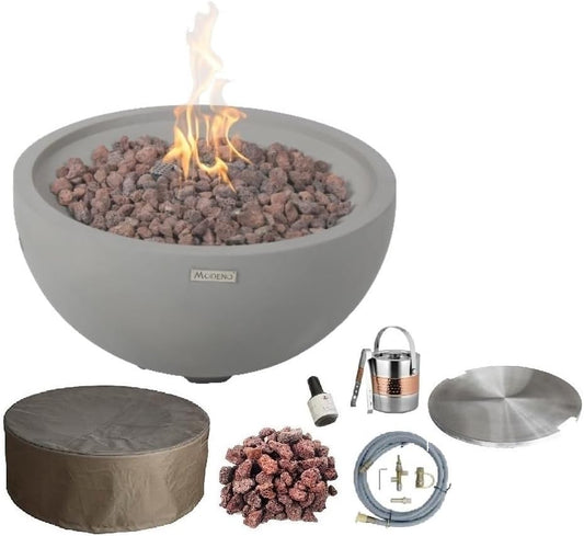 AMS Fireplace | Modeno Nantucket Package | Light Gray Natural Gas Fire Pit Table for Outside Patio Bundle with SS Burner Lid | Free Ice Bucket