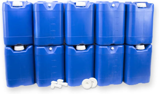 5-Gallon Stackable Water Storage Containers, w/Lids + Spigot, Easy Fill, Survial Supply, Emergency Water Storage for Camping and Disaster Preparedness, RV, 50 Gallon Set (10 Tanks)