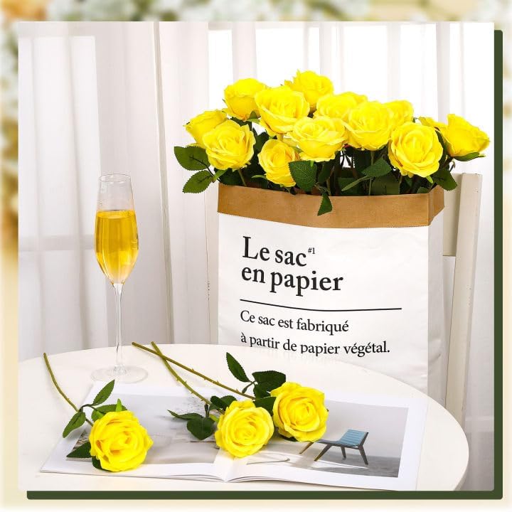 36 Pcs Silk Yellow Rose Bouquet Bridal Artificial Flowers,Fake Rose Long Stem Realistic Flowers Bulk for Wedding Bouquet Ball Arrangement Centerpiece Party Decor