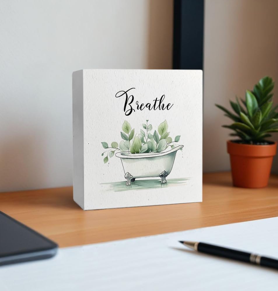 Breathe Funny Bathroom Wooden Box Sign, Eucalyptus Botanical Wood Signs for Restroom Bathroom Toilet Half Bath Shelf Counter Decor, 5x5 Inch