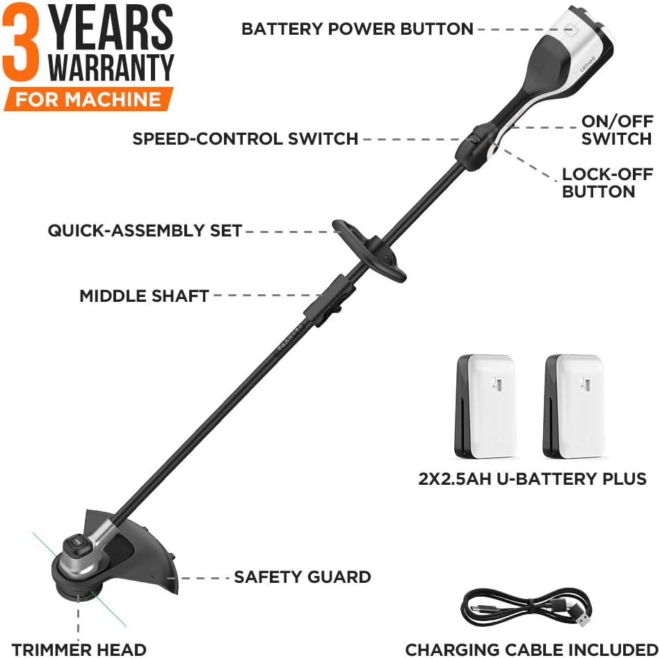 Litheli 2x20V Cordless String Trimmer, 14" Brushless Battery Powered Weed Eater, Electric Weed Wacker with Dual Line Bump Feed, Grass Trimmer for Lawn Care, U20 Series with 2x2.5Ah Batteries.