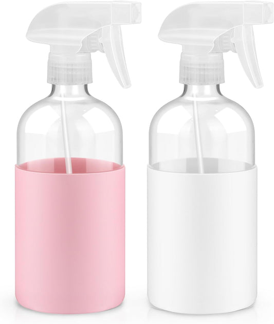 2 Pack Glass Spray Bottles with Long Silicone Sleeve, 16 oz Empty Refillable Containers with Adjustable Spray Nozzles, Spray Bottles for Hair, Cleaning Solutions and Plants Pink&White